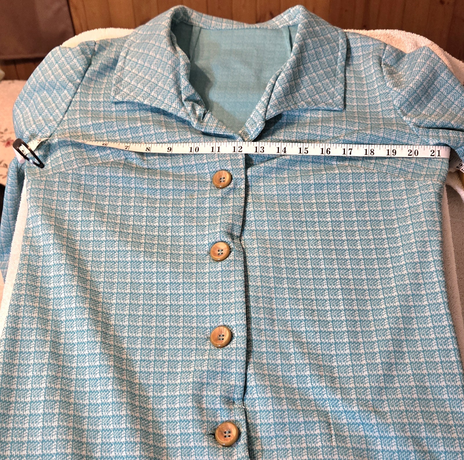 Vintage 1960s Turquoise House Dress Womens L Ck Plaid Button Front Shift Dress