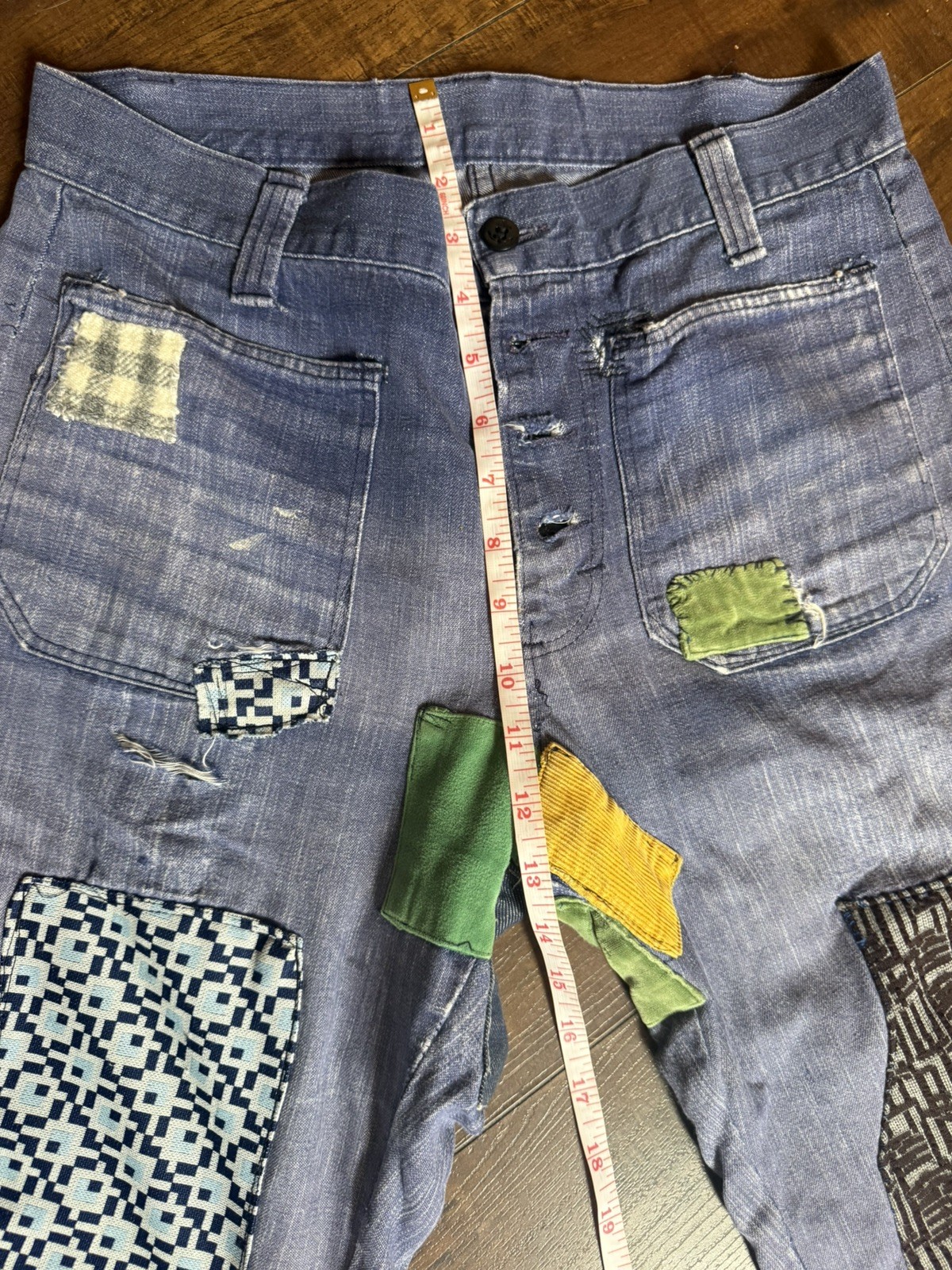 Vintage 70s Patchwork Jeans Pants H.I.S Navy Denim Flare 60s 70s