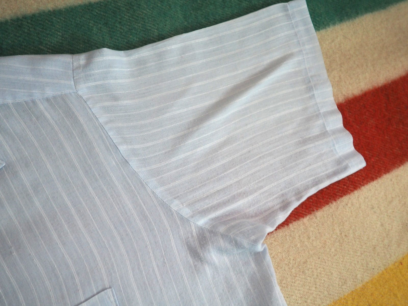 VTG 70s Royal Knight Perm Press Sheer Polycotton Blue Pinstripe Button Shirt XL