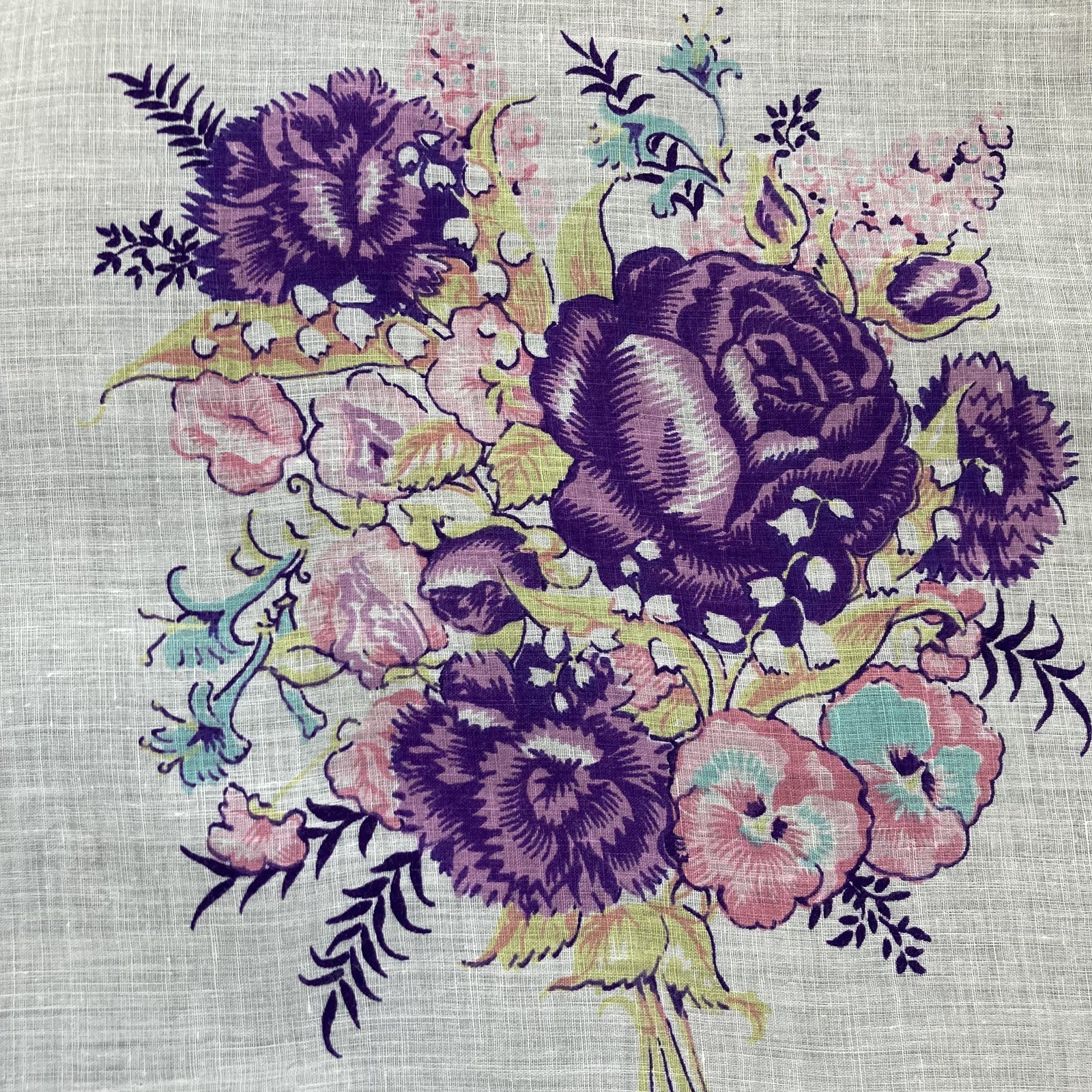 Vintage Floral Print Hankie with Large Purple Flowers Roses Lily of the Valley