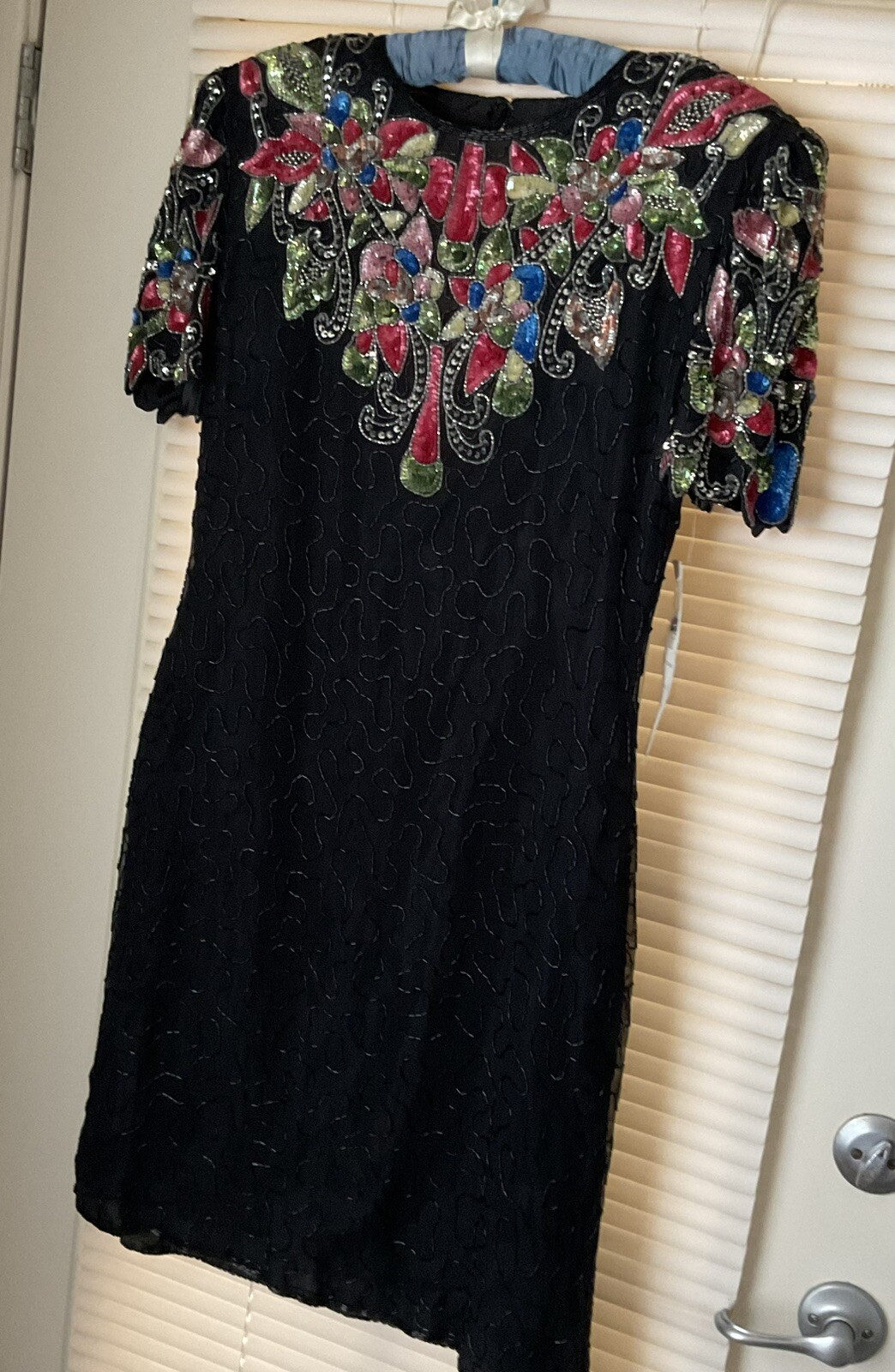 Silky Nites by Cherish Vintage 80s Black Dress Multicolour Sequined Beaded