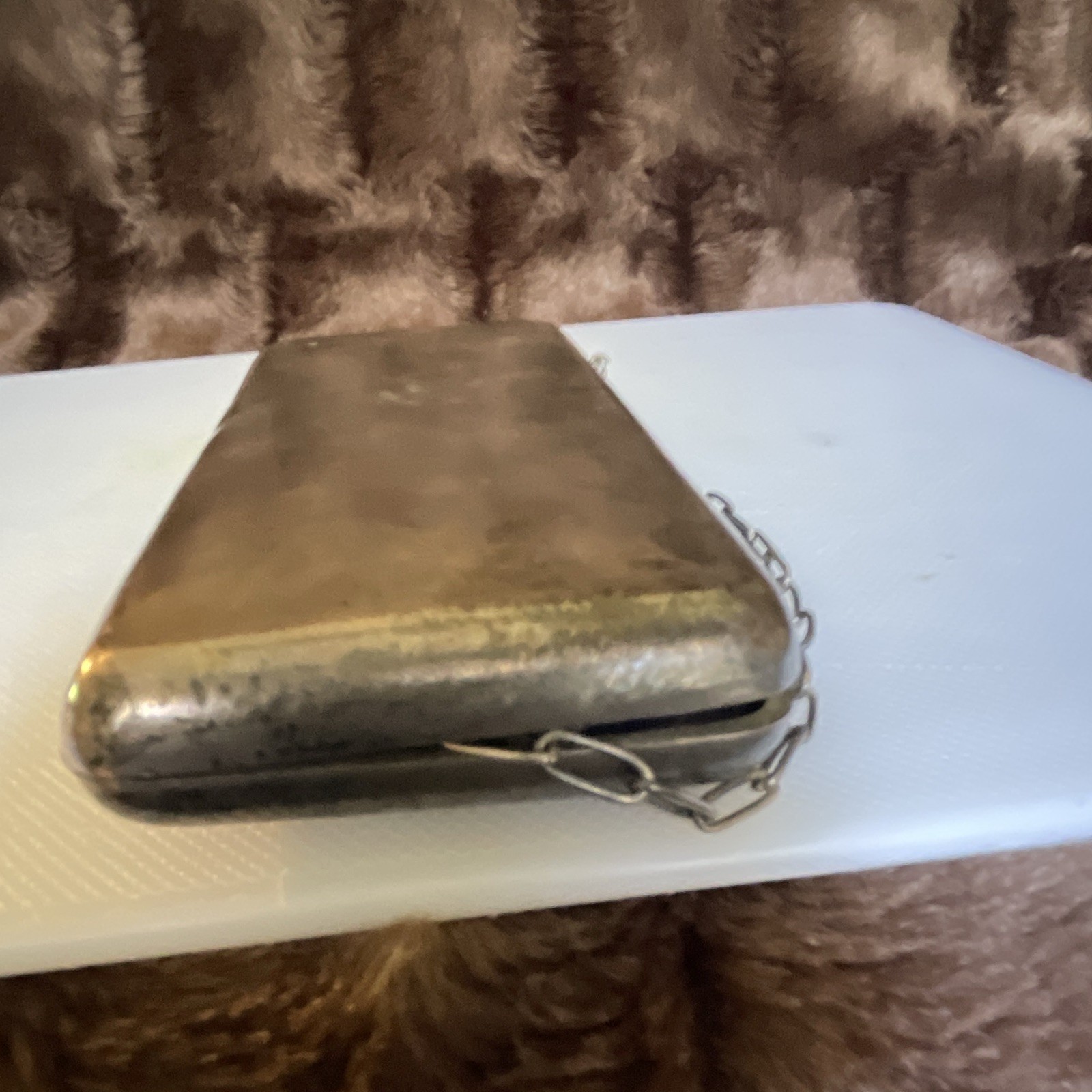 Vintage Silver Metal Art Nouveau Floral Engraved Clutch w/ Chain, Purple Lining