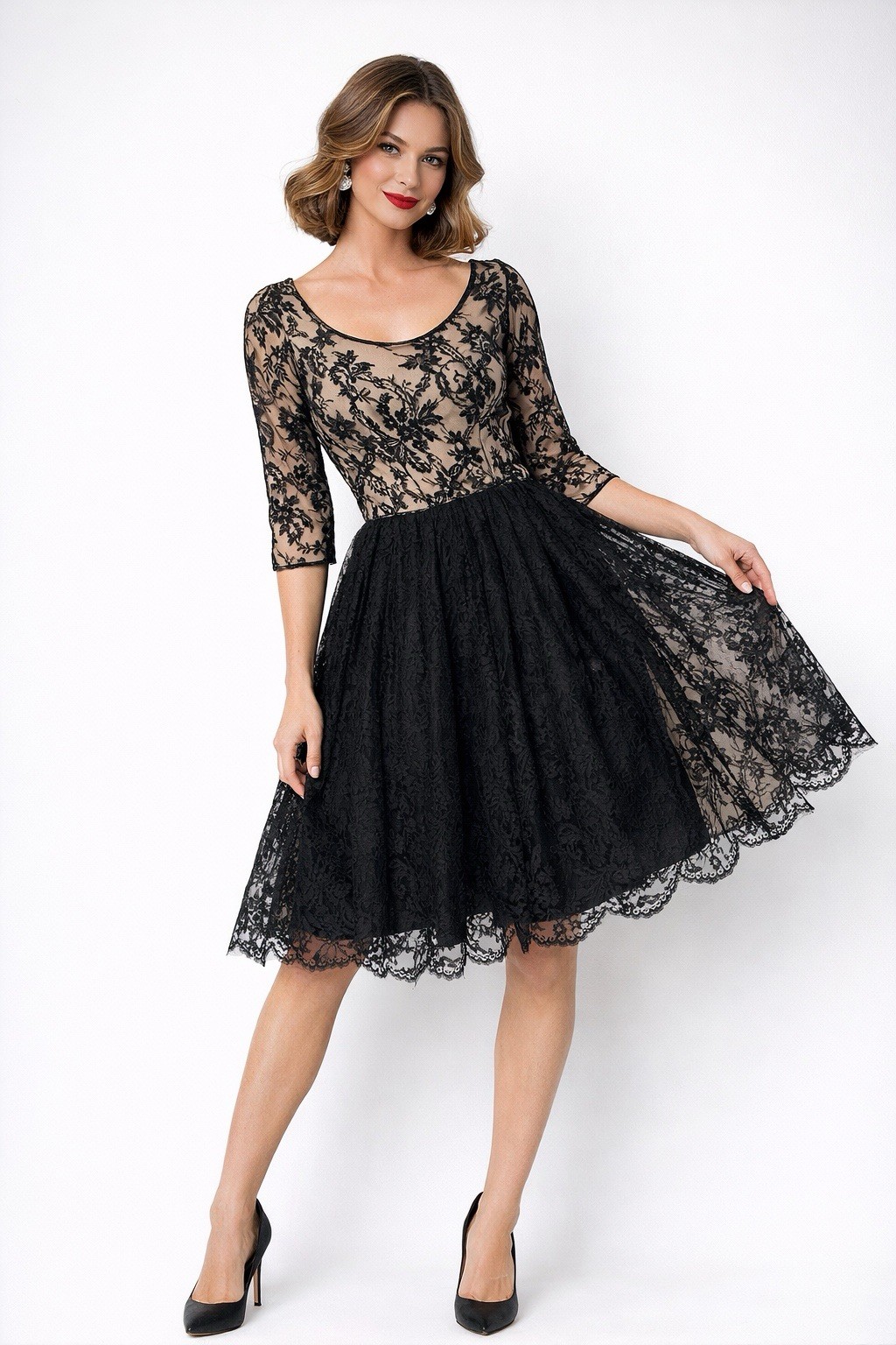 VINTAGE 50S COCKTAIL DRESS XS black lace fit flare party special occasion retro