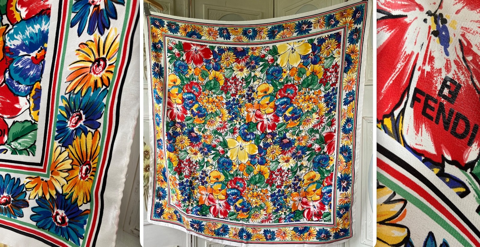 VTG AUTH FENDI FOULARD ALL SILK SCARF WHITE MULTICOLOR FLORAL GUC A FEW SNAGS