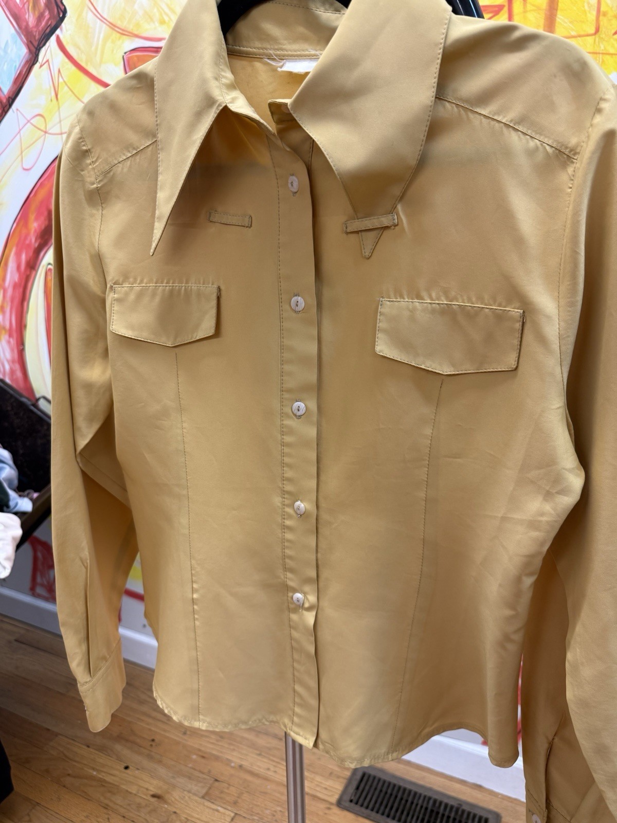 70’s Yellow Disco Era Dagger Collar Polyester Button Up