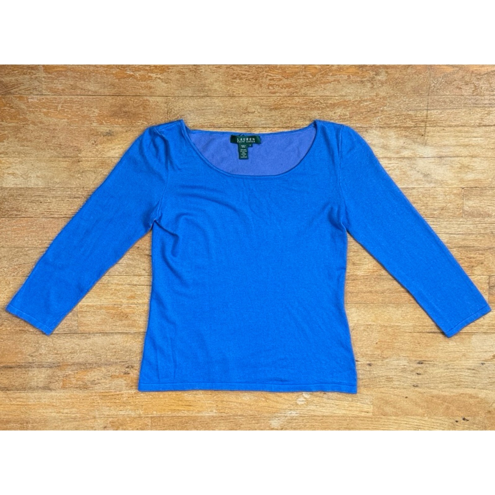 Vintage Blue Knit Silk Blend Cropped Shirt Size Small 90s Ralph Lauren Top Scoop