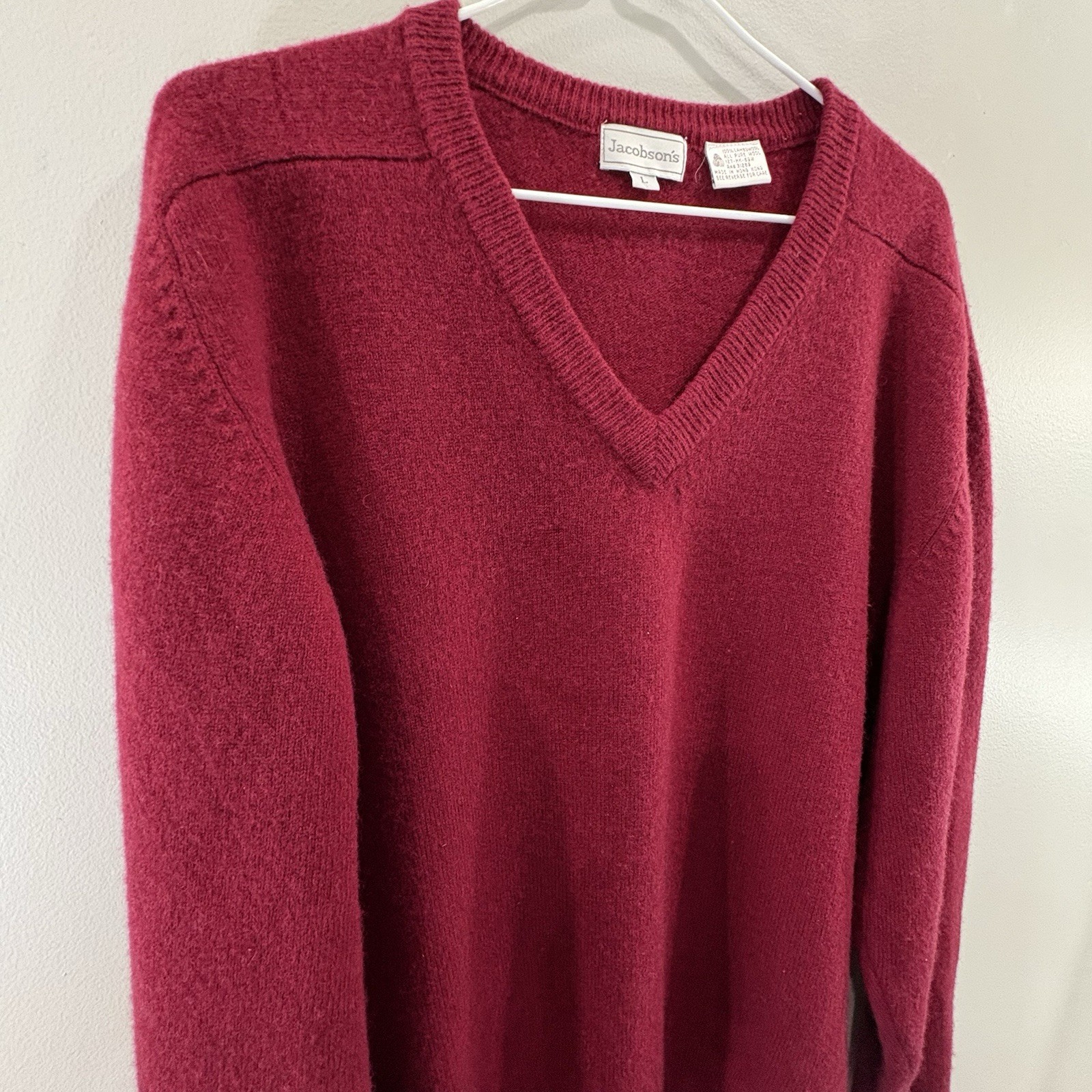 Vintage Jacobson’s 100% Lambswool L Sweater Knit Pullover V-Neck Dark Red Preppy