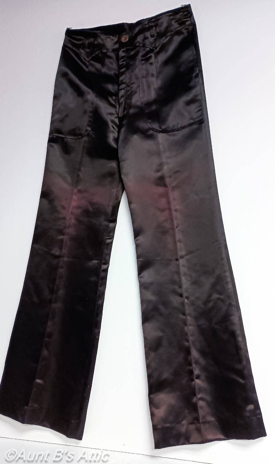 Vintage 70s Men’s UFO Black Satin Flare Leg Front Pocket Pants 28 x 30