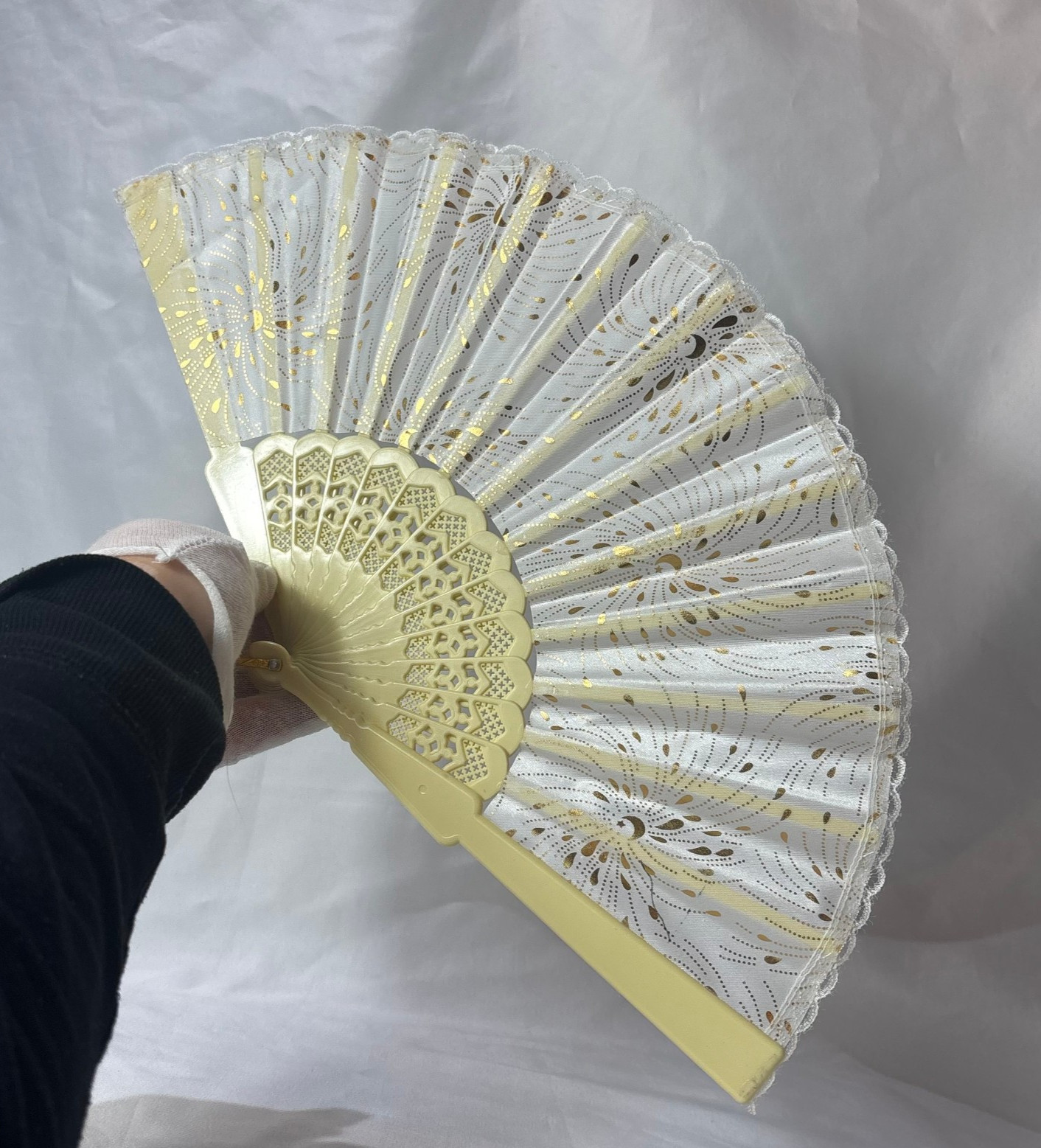 Cream Synthetic Folding Fan Moon & Starburst Design Plastic Sticks / Guards