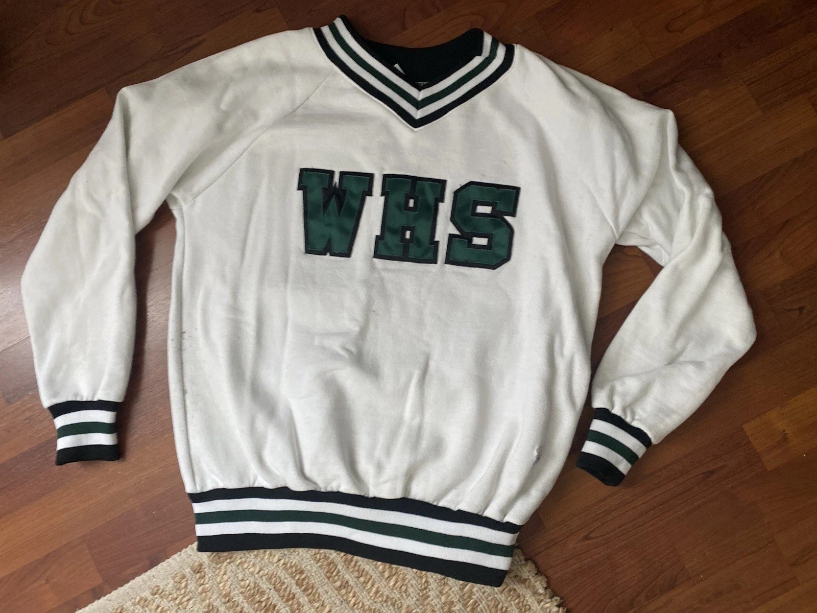 VTG 80s 90s Varsity Brand WHS Cheerleading Spirit Sweatshirt V-Neck White SZ Lrg