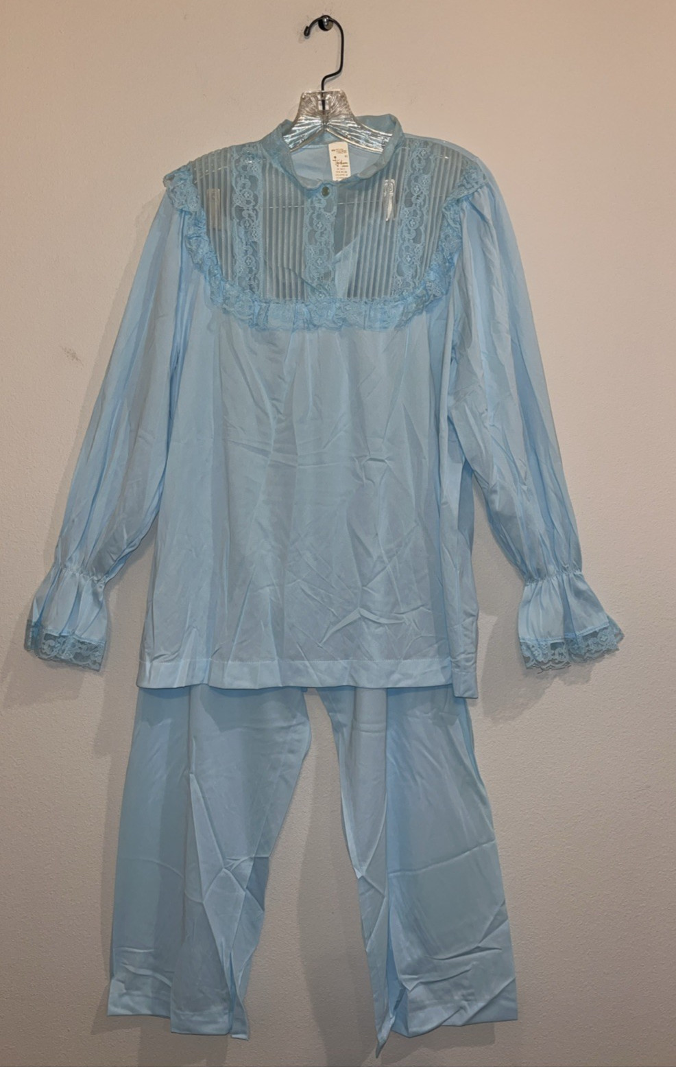VTG Texsheen Pajama Set Lace Blue Nylon Sz 40 Pants & Top Lingerie EUC B15