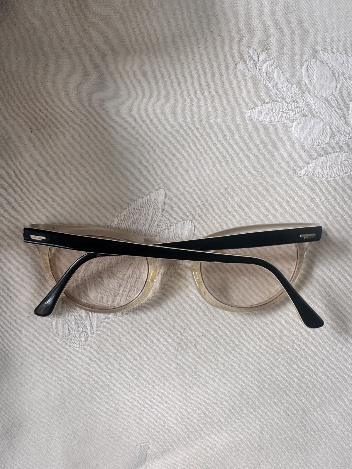 Vintage Shuron Cat Eye Glasses Frames 5 1/2 Clear and Black With White Accent