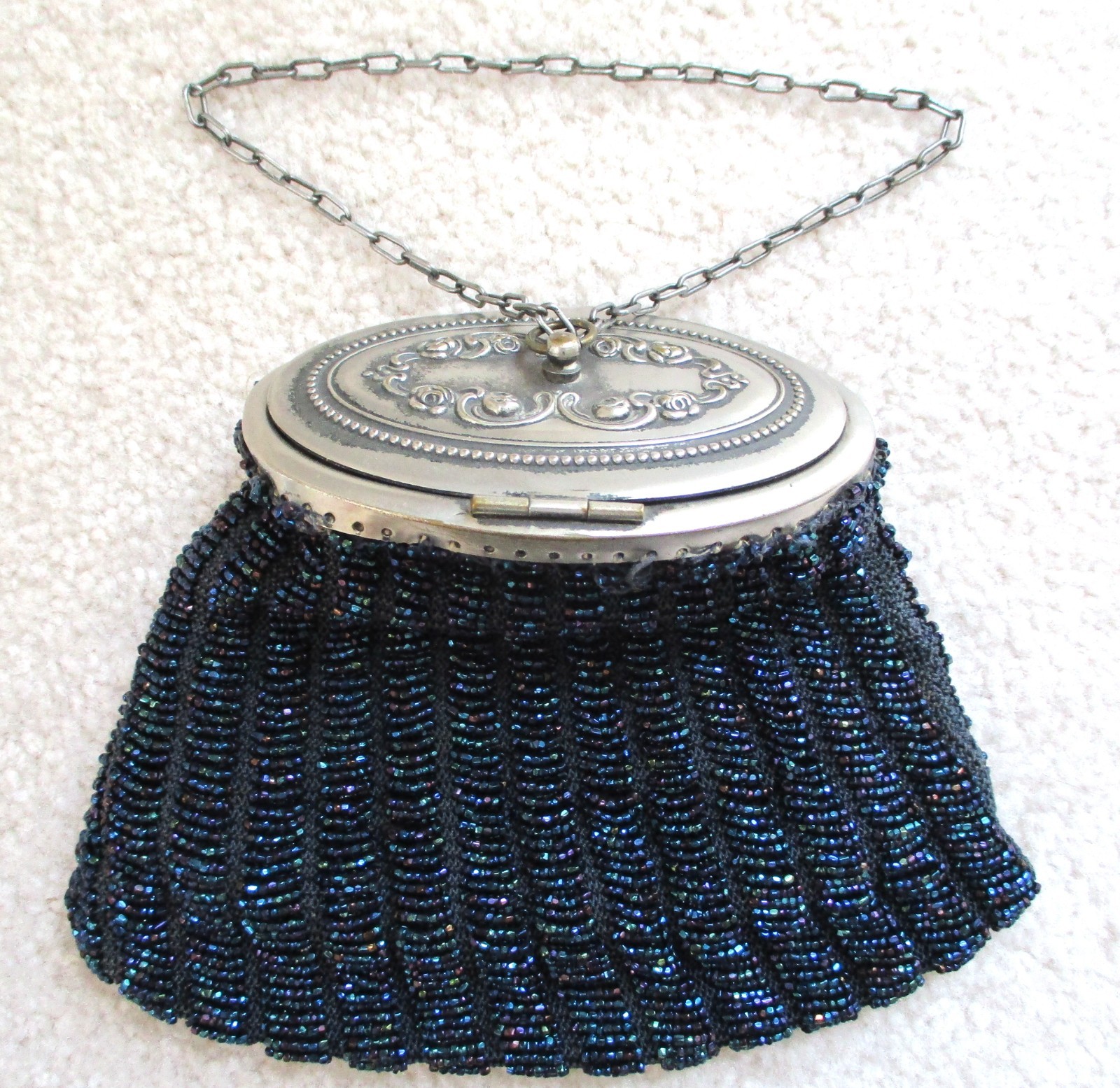 ANTIQUE Blue Aurora Borealis BEADED PURSE BAG Oval Silver Embossed Top