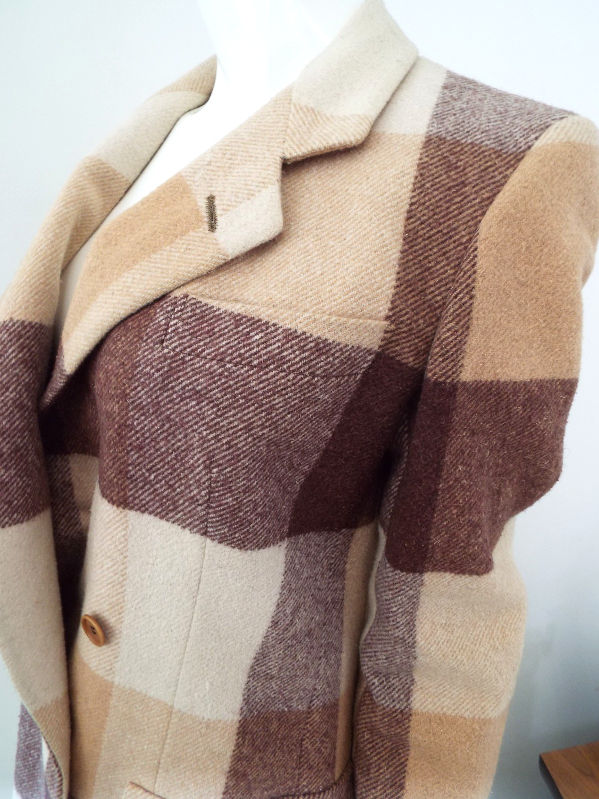 Vintage Giorgio Armani Wool Plaid Color Block Coat Jacket Italy 1980s 90s Small