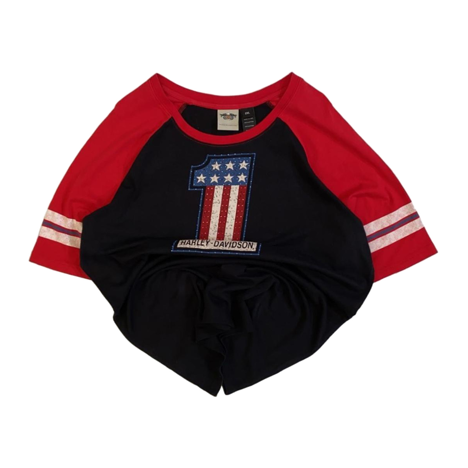 Harley Davidson Women’s Bedazzled USA 1 Short Sleeve Baseball T Shirt Black 2XL