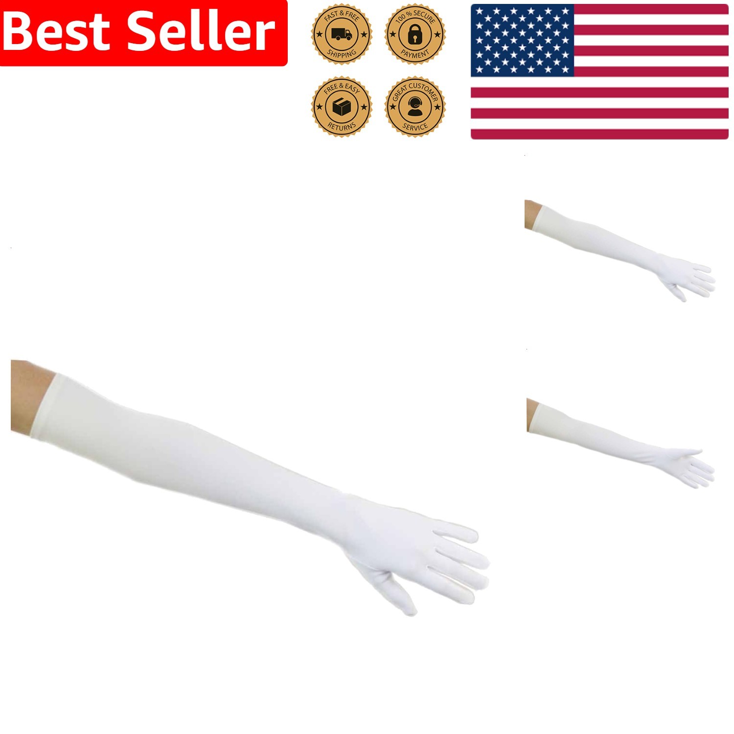 White Opera Length Gloves Elegant Smooth Matte Satin Stretch Women’s Bridal P…