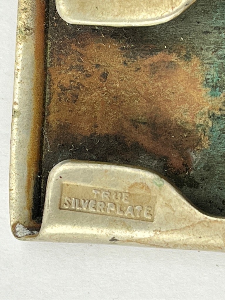 Vintage Silver Plate Belt Buckle with F and Viking Ship Giant Grip Pat. 1921