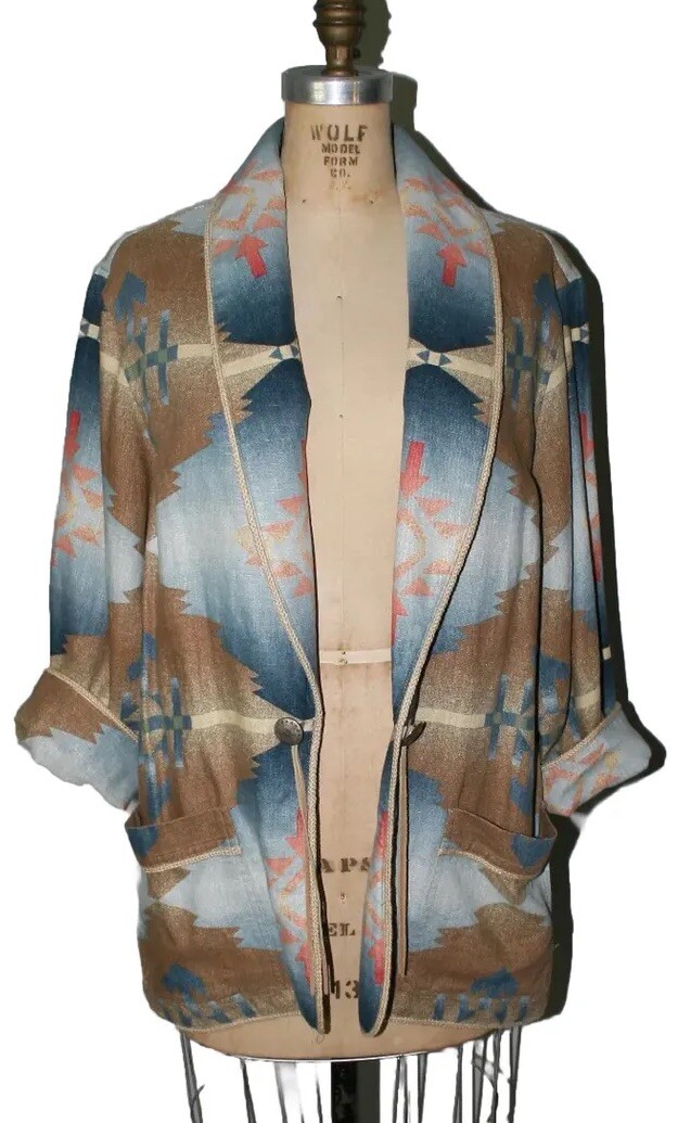 Southwest Vintage Linen Blazer Jacket Shacket Concho Western Large 3/4 Sleeve