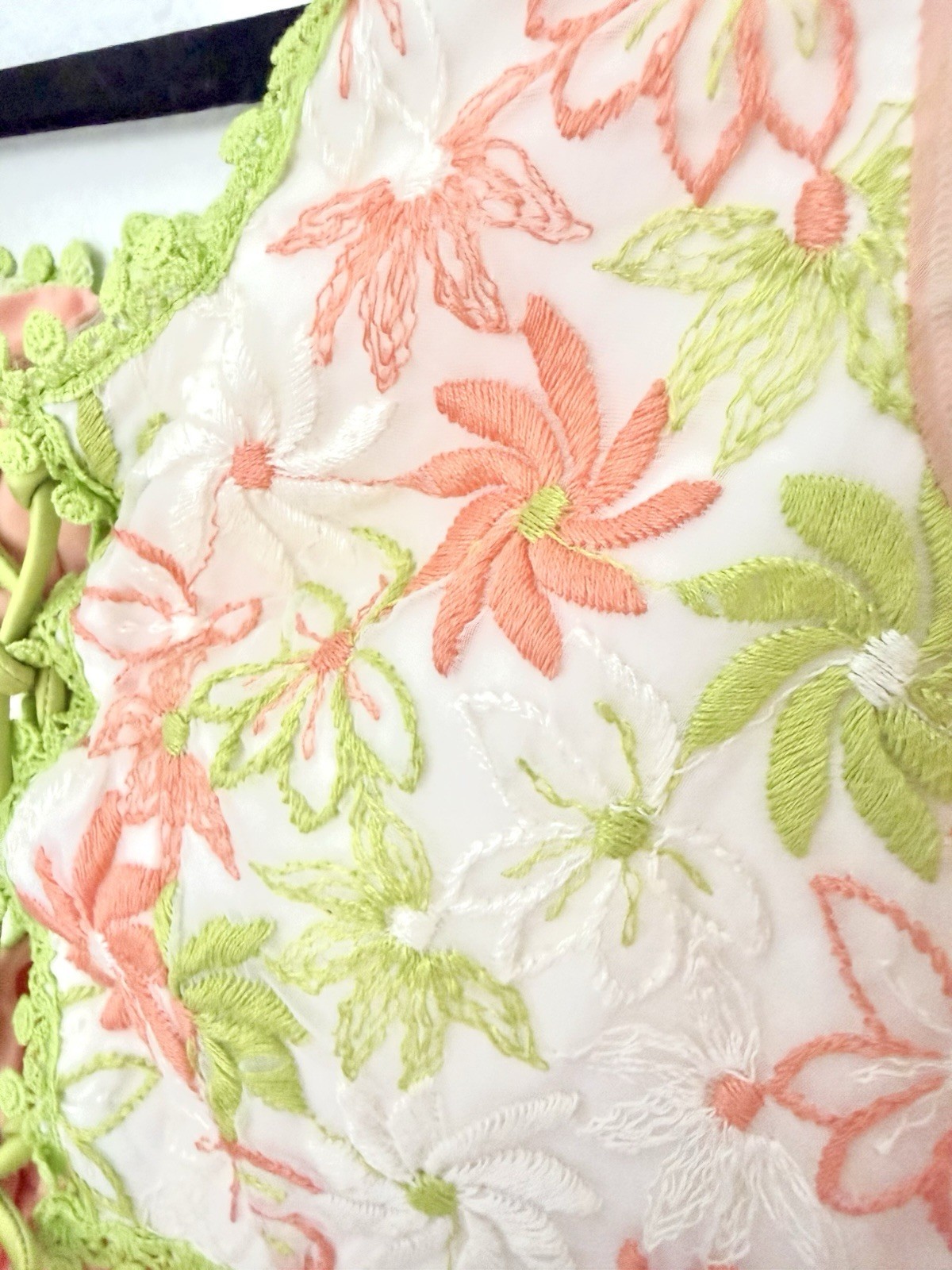 Vintage 60s Dress Embroidered Floral Chiffon Union Made Lace Up Bodice Boho READ