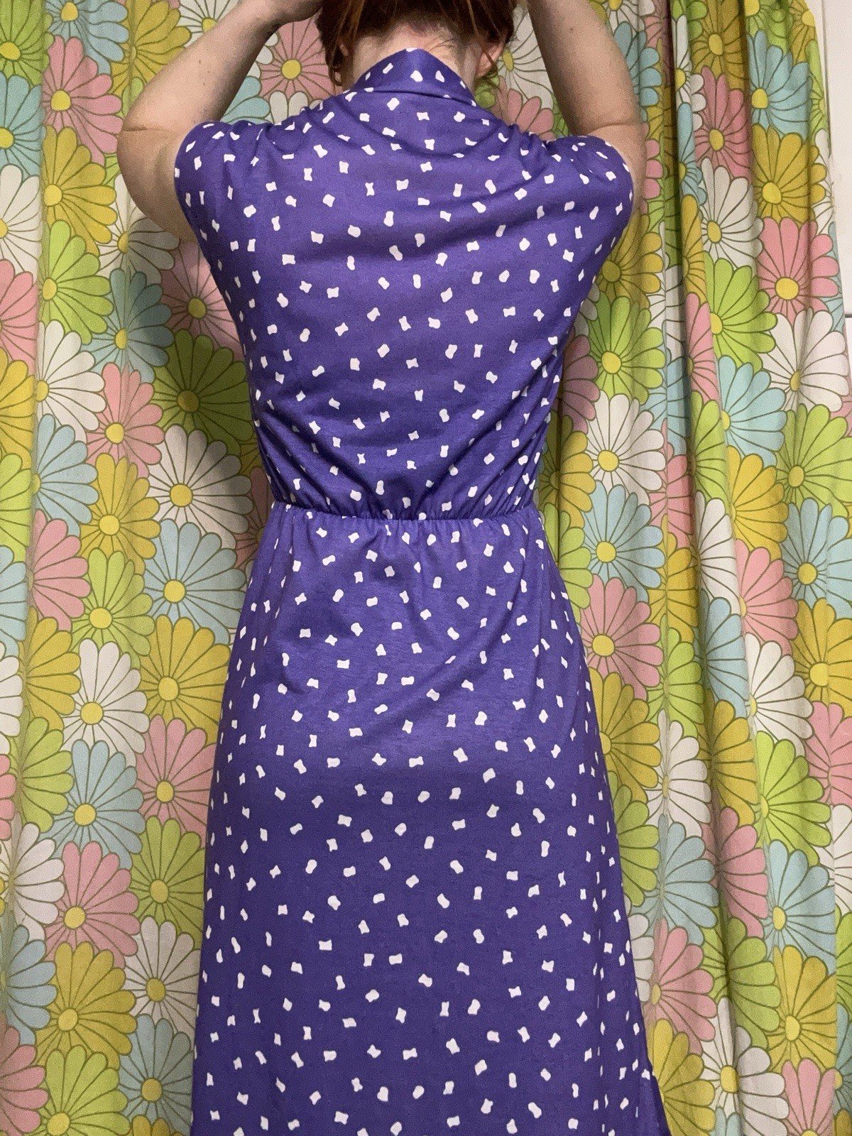 Vtg Shirtwaist Midi Day Dress Geo Dot Print Purple Retro Rockabilly Mod UNION MD