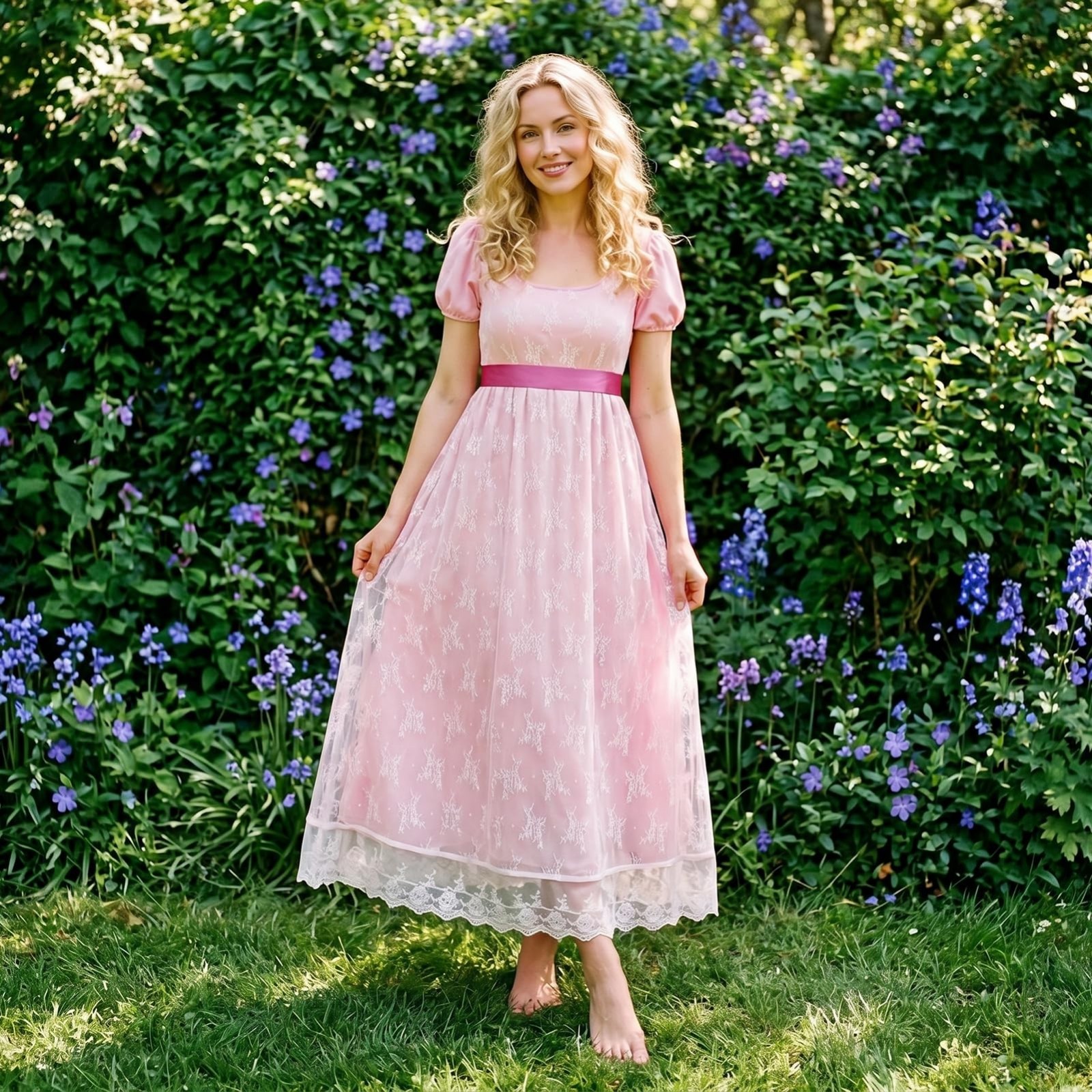 Vintage Victorian Lace Ruffled Puff Sleeve Dress, Double Layer Empire Waist Gown