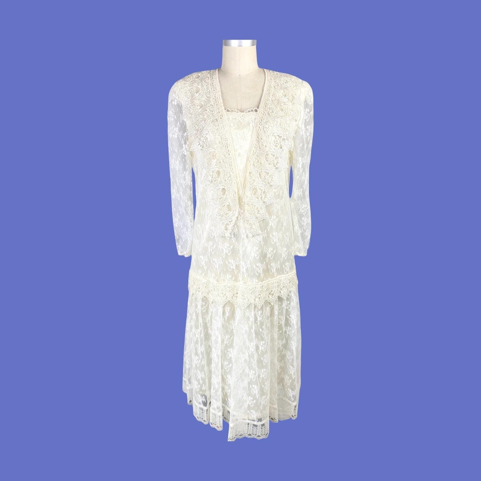 Vintage 1980s White Lace Drop Waist Wedding Dress, Size Medium