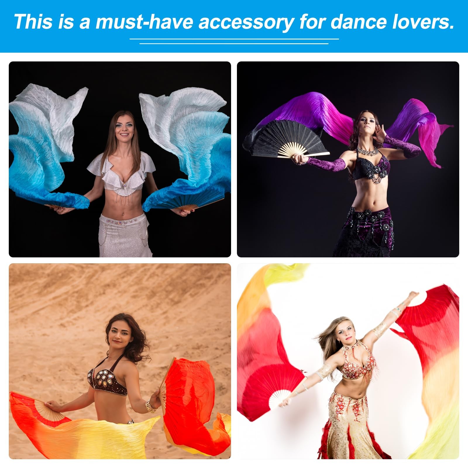16 Fan Belly Dance Silk Fan Veil 71″, 1 Pair (Left+Right) Long Folding Dance …