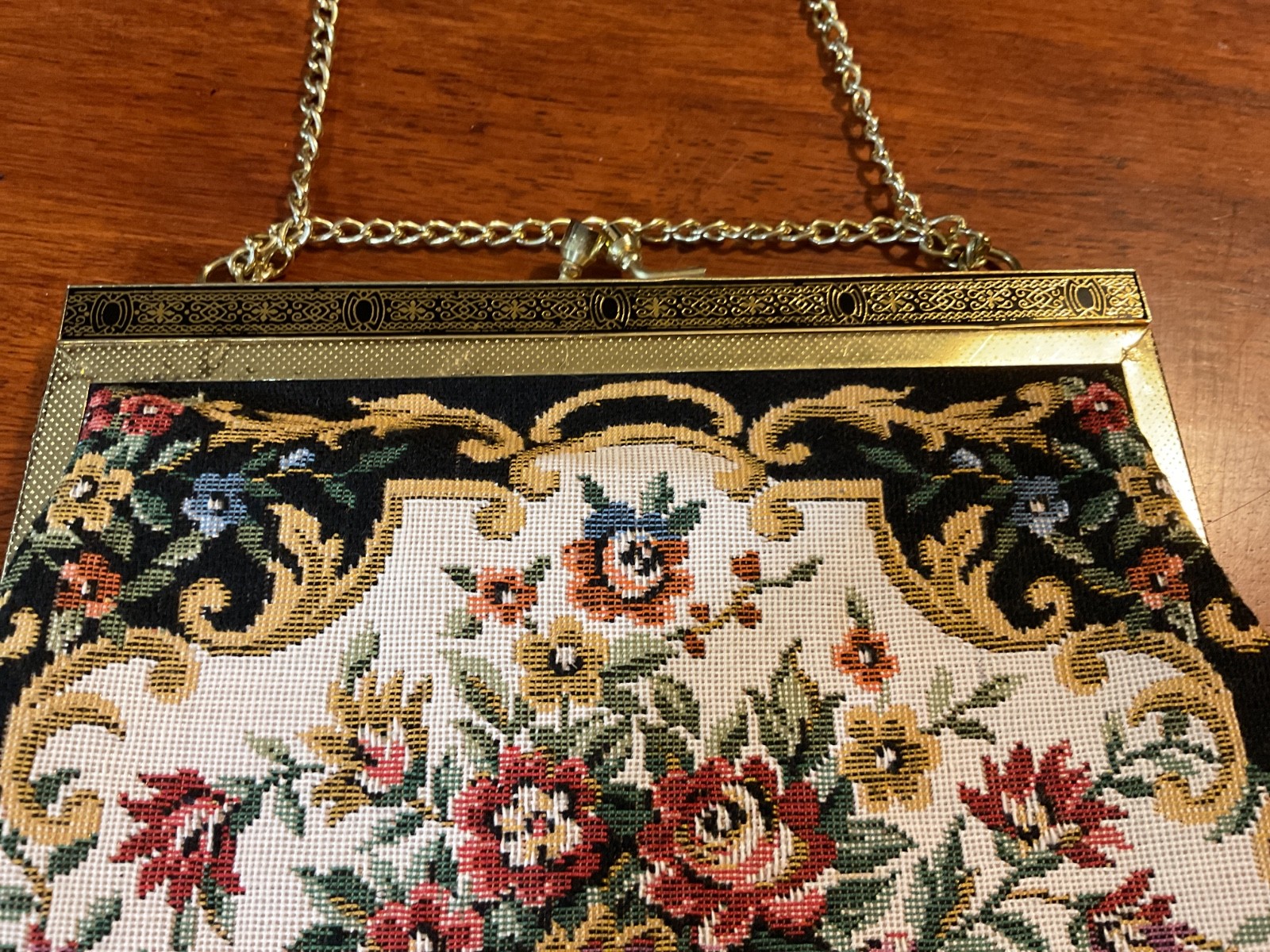 Floral Tapestry Frame Evening Bag Black Multi-Color Metal Chain Handle Clasp