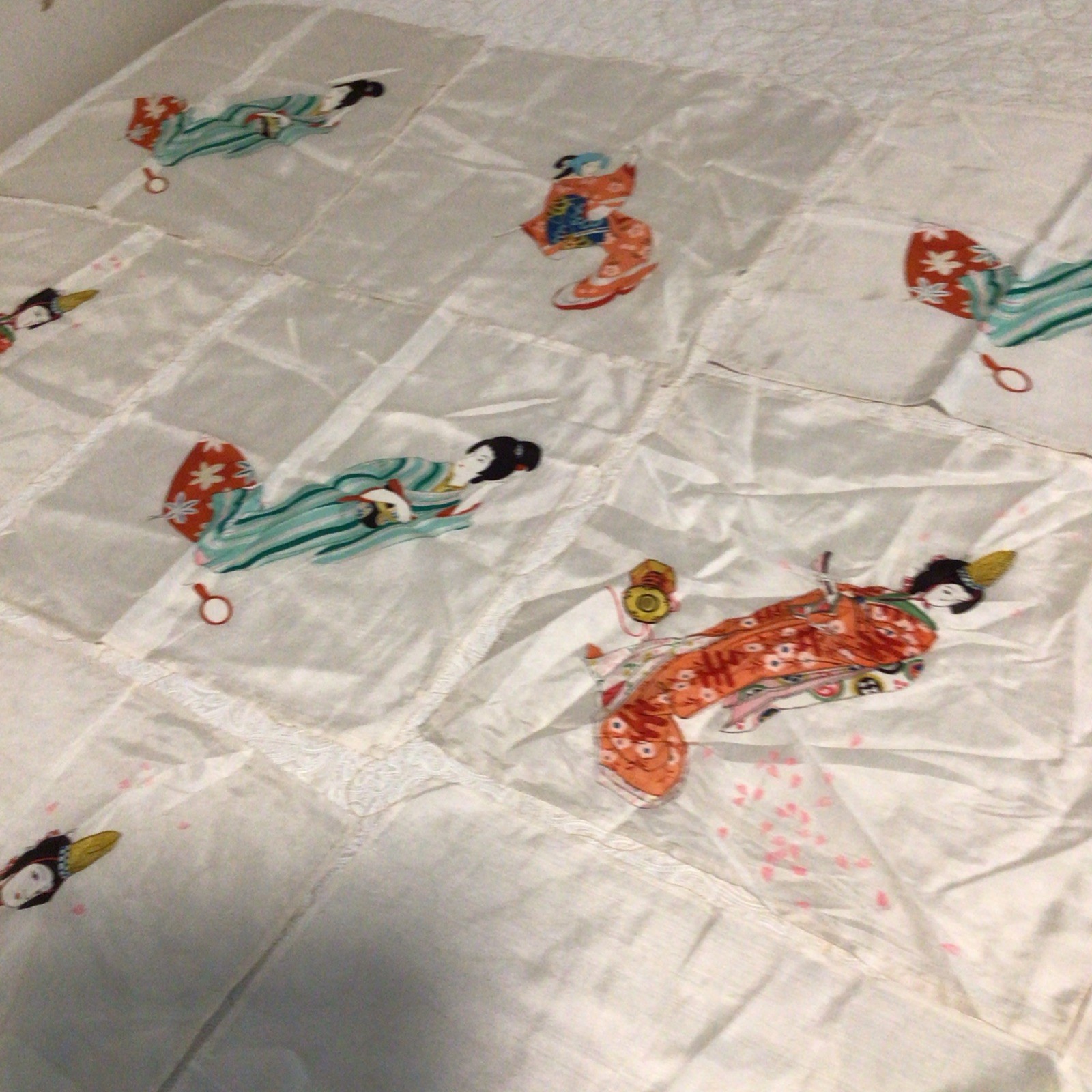 Vintage Silk Geisha Girl Printed Hankies Set Of 15 Varied Designs Craft Display