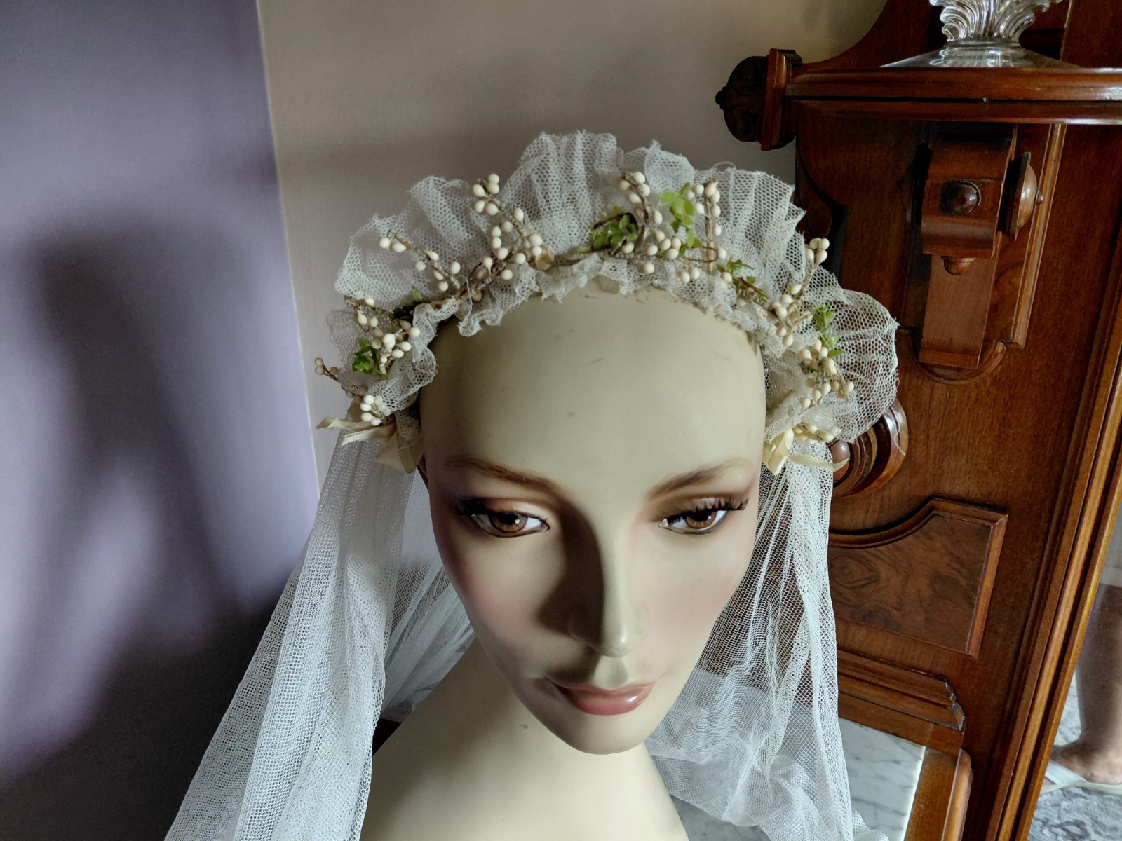 Antique Vintage 1920’s Wedding Bridal Veil Wax Orange Blossom Buds Peach Ribbons