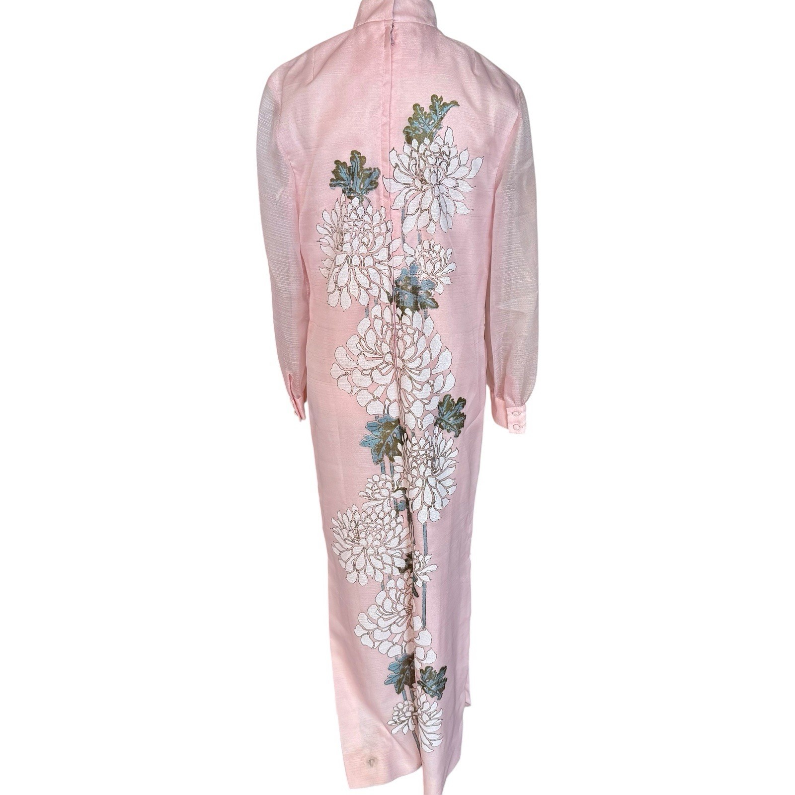 VTG 1970s Alfred Shaheen Hawaiian Maxi Floral Dress Tafetta Long Sleeve Mod