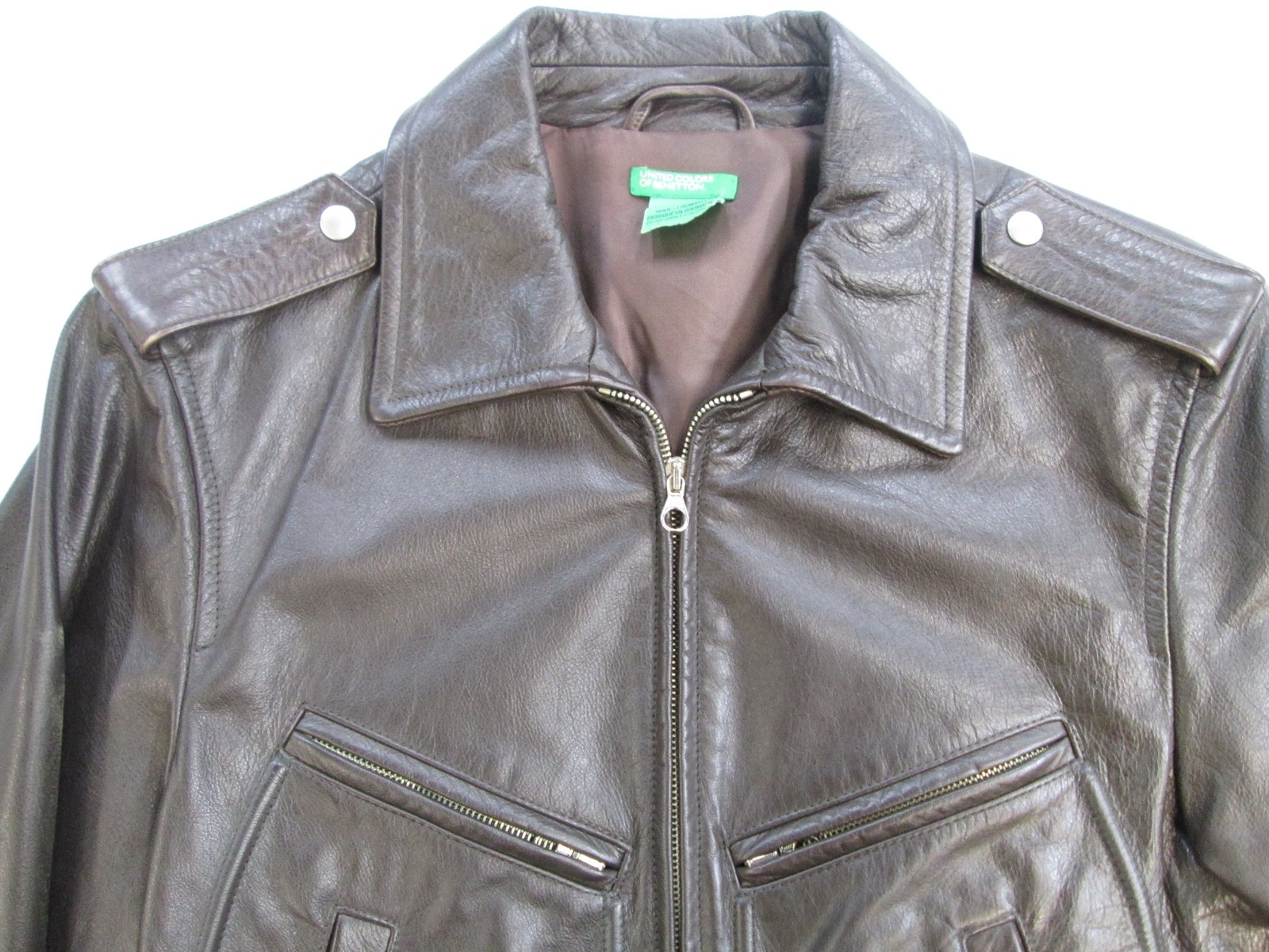 Vintage benetton Brown leather Bomber Biker Cafe A2 Style Jacket sz S Excellent!