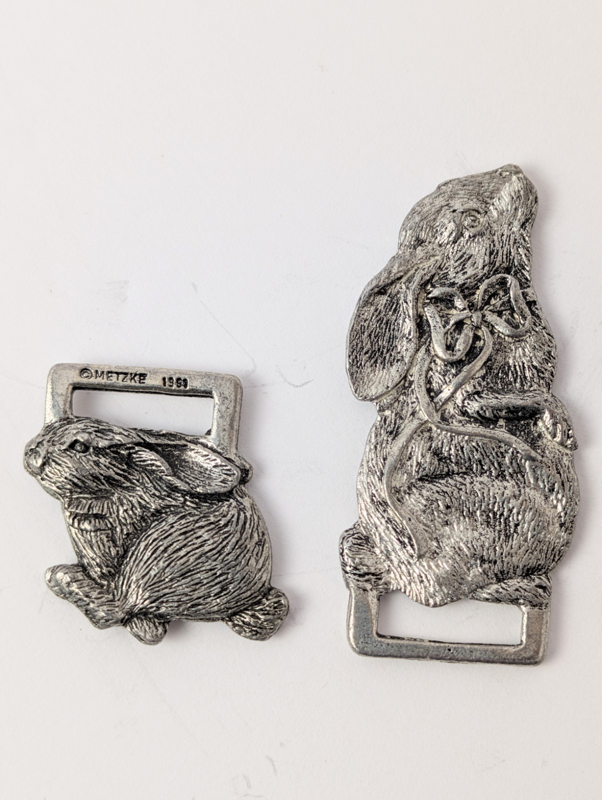 Vtg Metzke Pewter Bunny Rabbit Belt Slides Matching Pair 2 Piece Set 1991 HTF