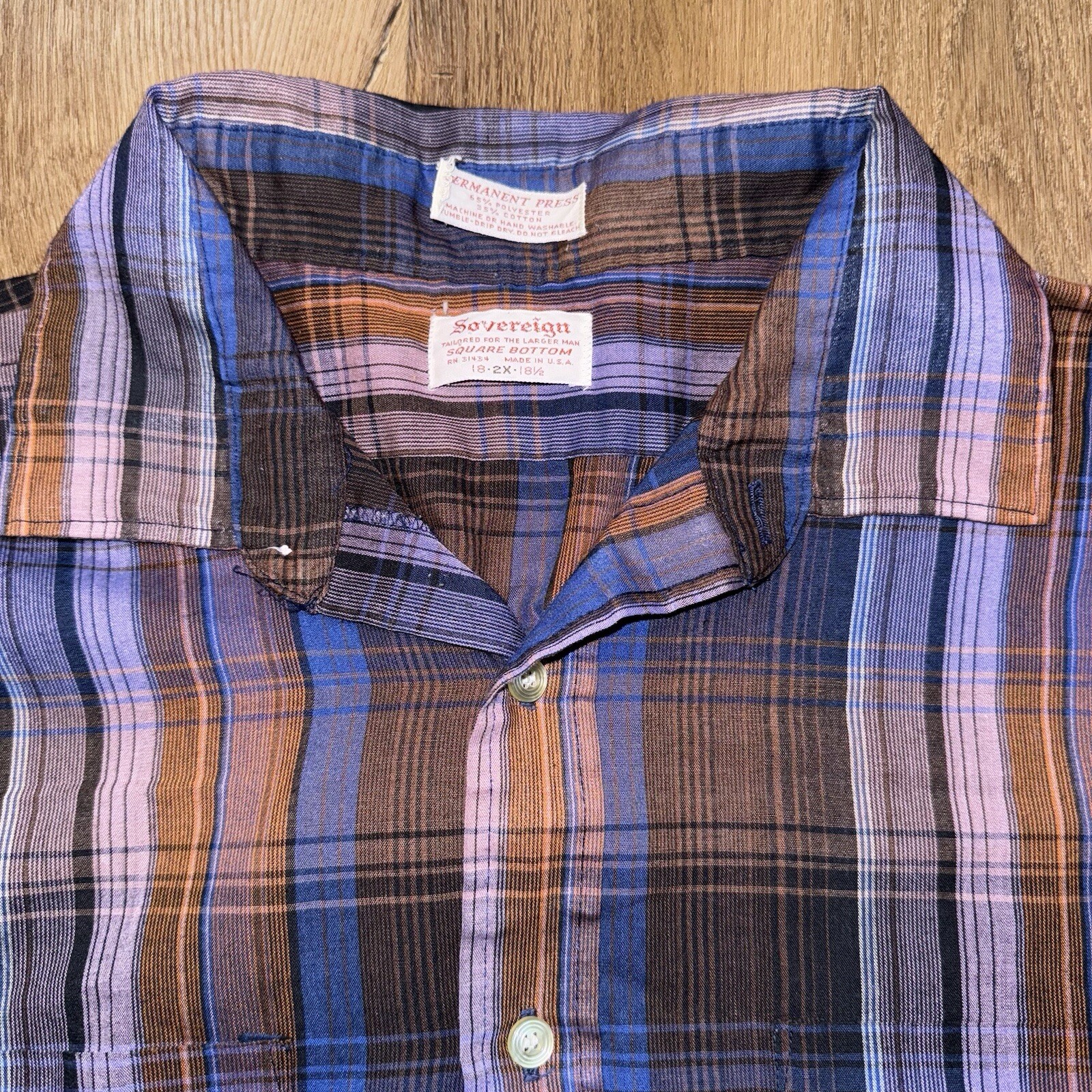 Vtg Sovereign Button Up Shirt Mens 2XL Square Bottom Plaid 60s 70s MCM Mod XXL