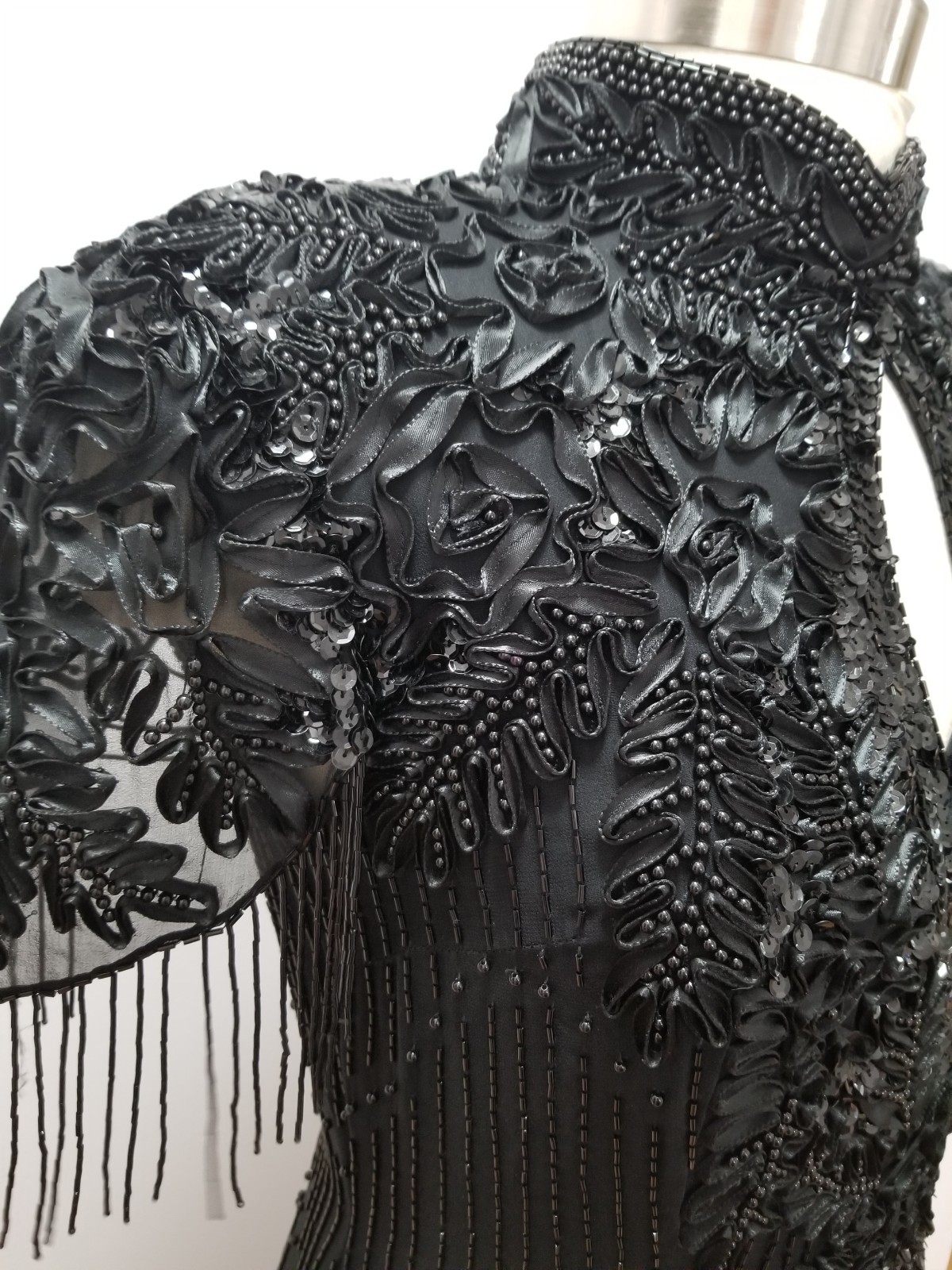 1970s Black Beaded Silk short sleeve cocktail gown