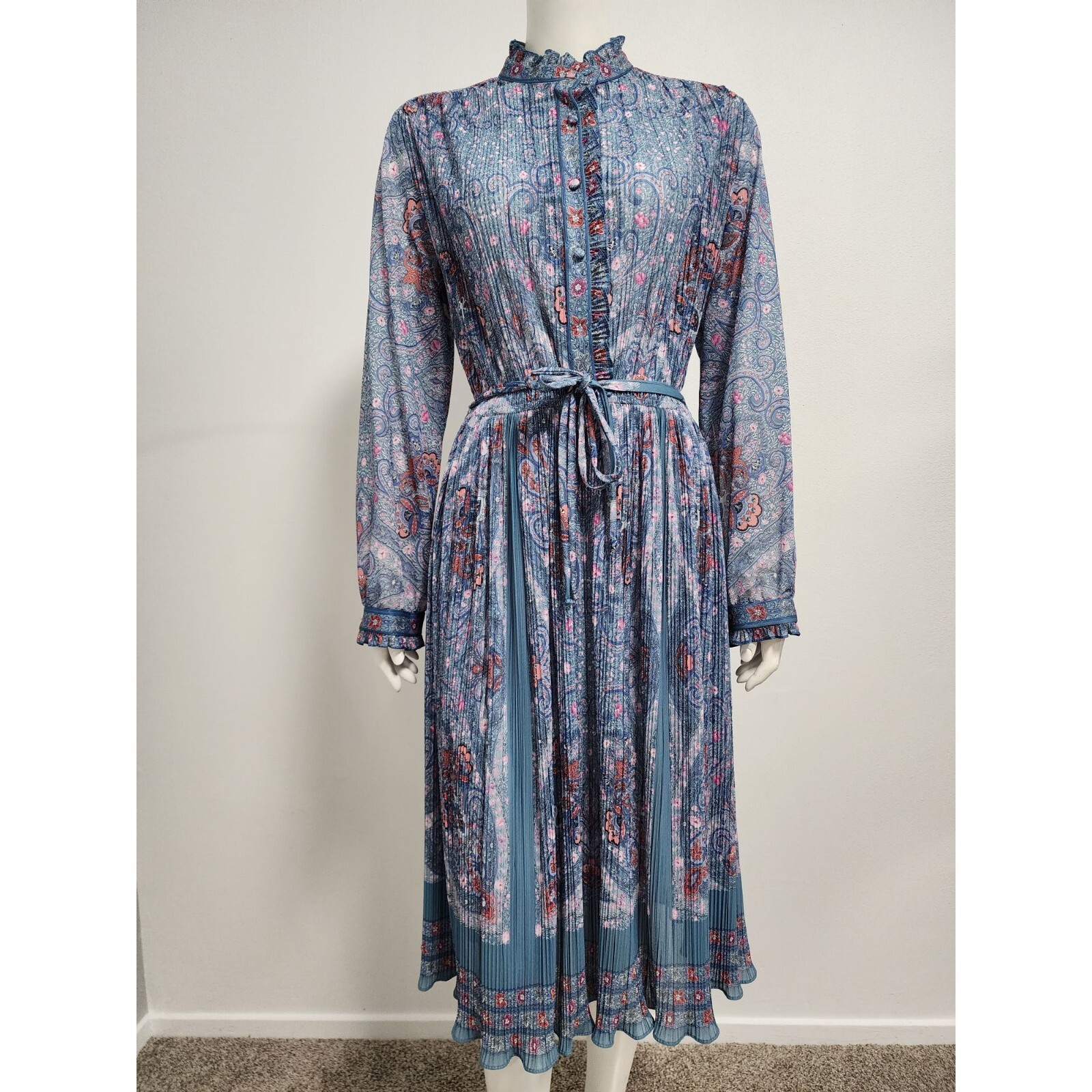 Hal Ferman union made vintage 70s light blue floral midi long sleeve dress 16 L