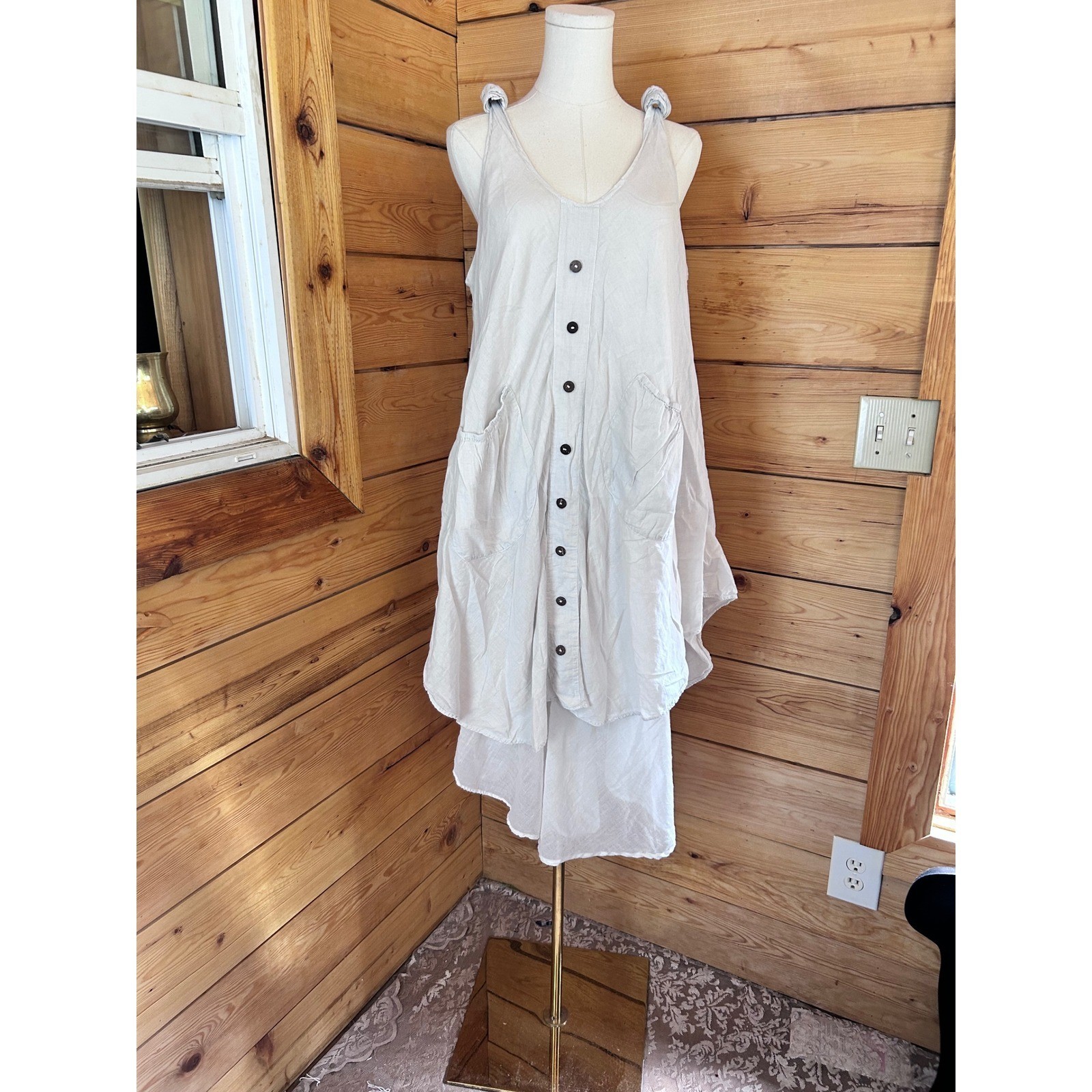 Vintage Cotton Shift Dress Large Cream Button Front Boho Om Grown Lagenlook Orga