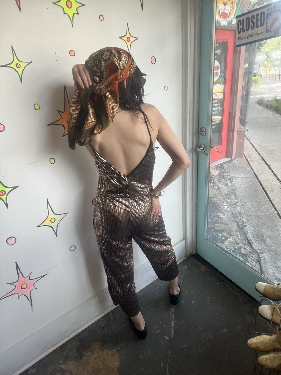 Metallic Gold Y2K Does 70s Disco Wide Leg Party Jumpsuit Retro Clubwear S/M