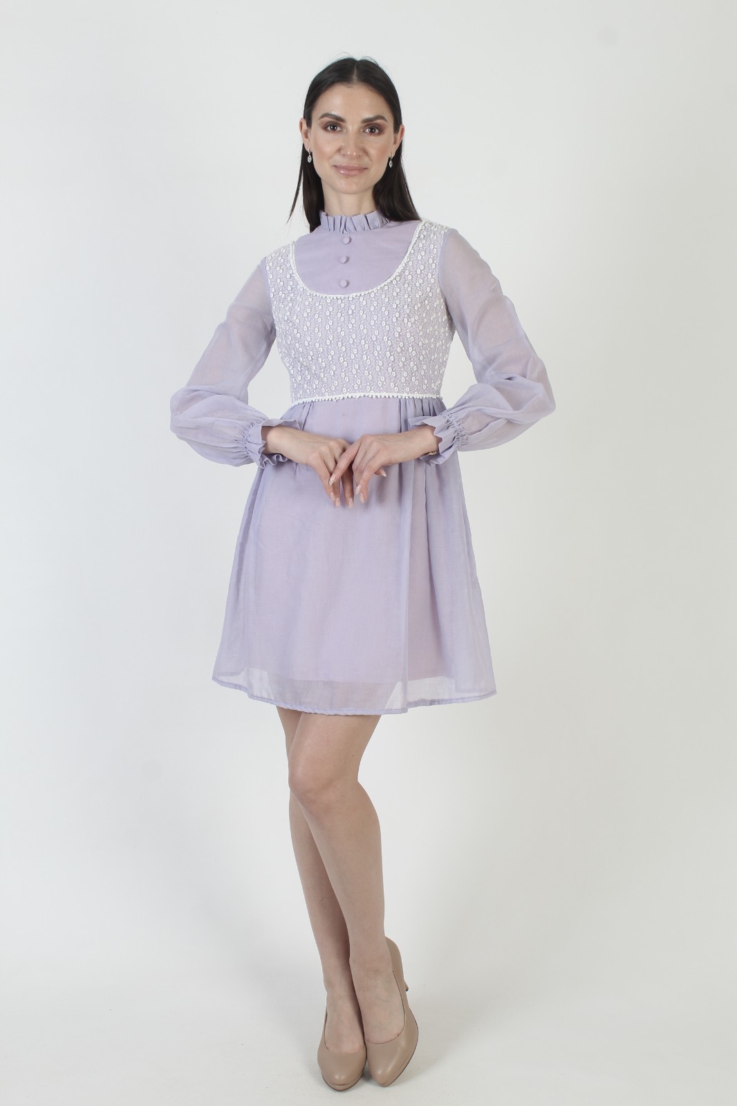 Vtg Purple High Waist Dress White Crochet Mod Scooter Pastel Violet Micro Mini