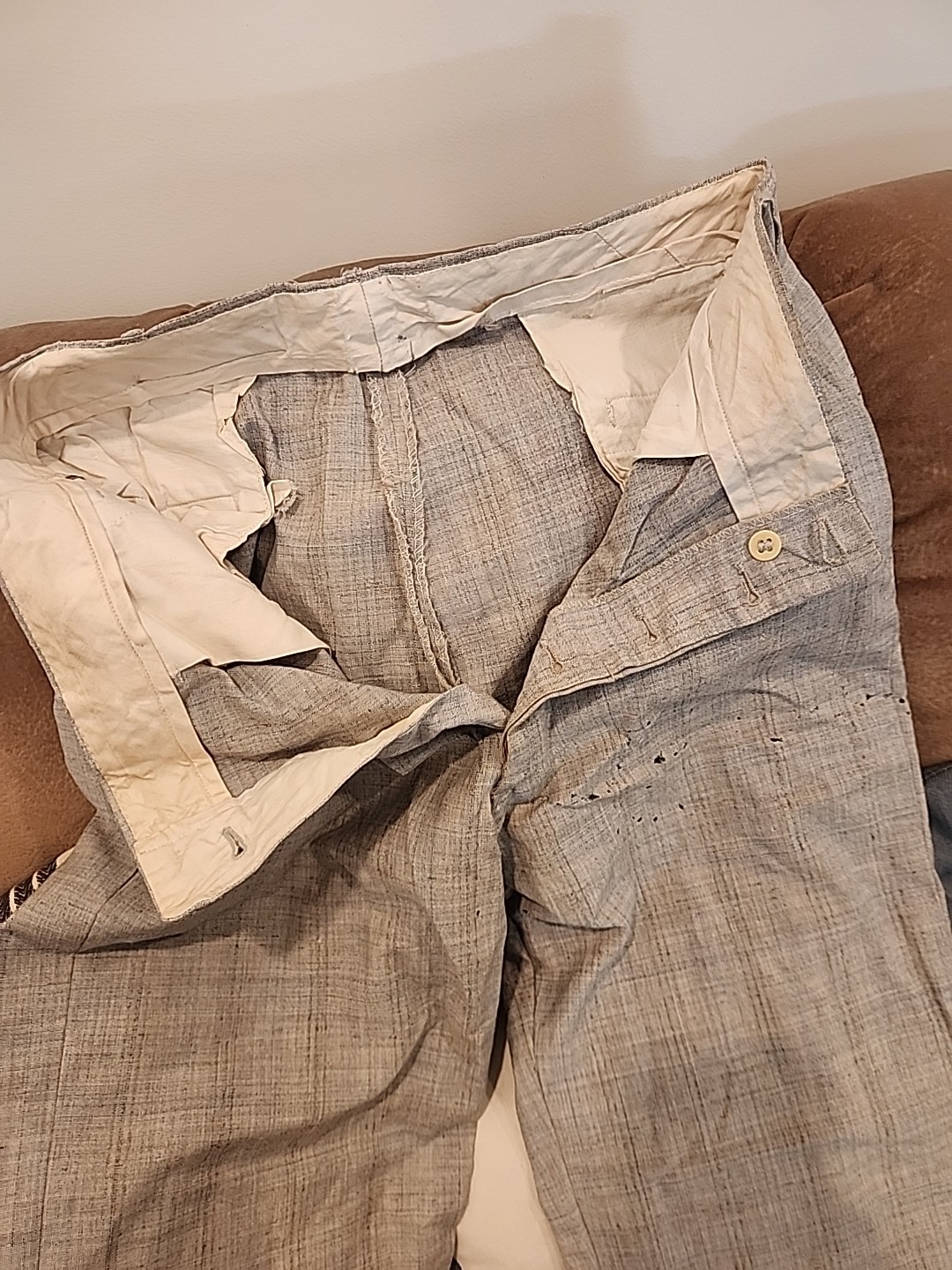 vintage gray/blue plaid 40’s 50’s pants lightweight 30 1/2″ w 28″L damaged