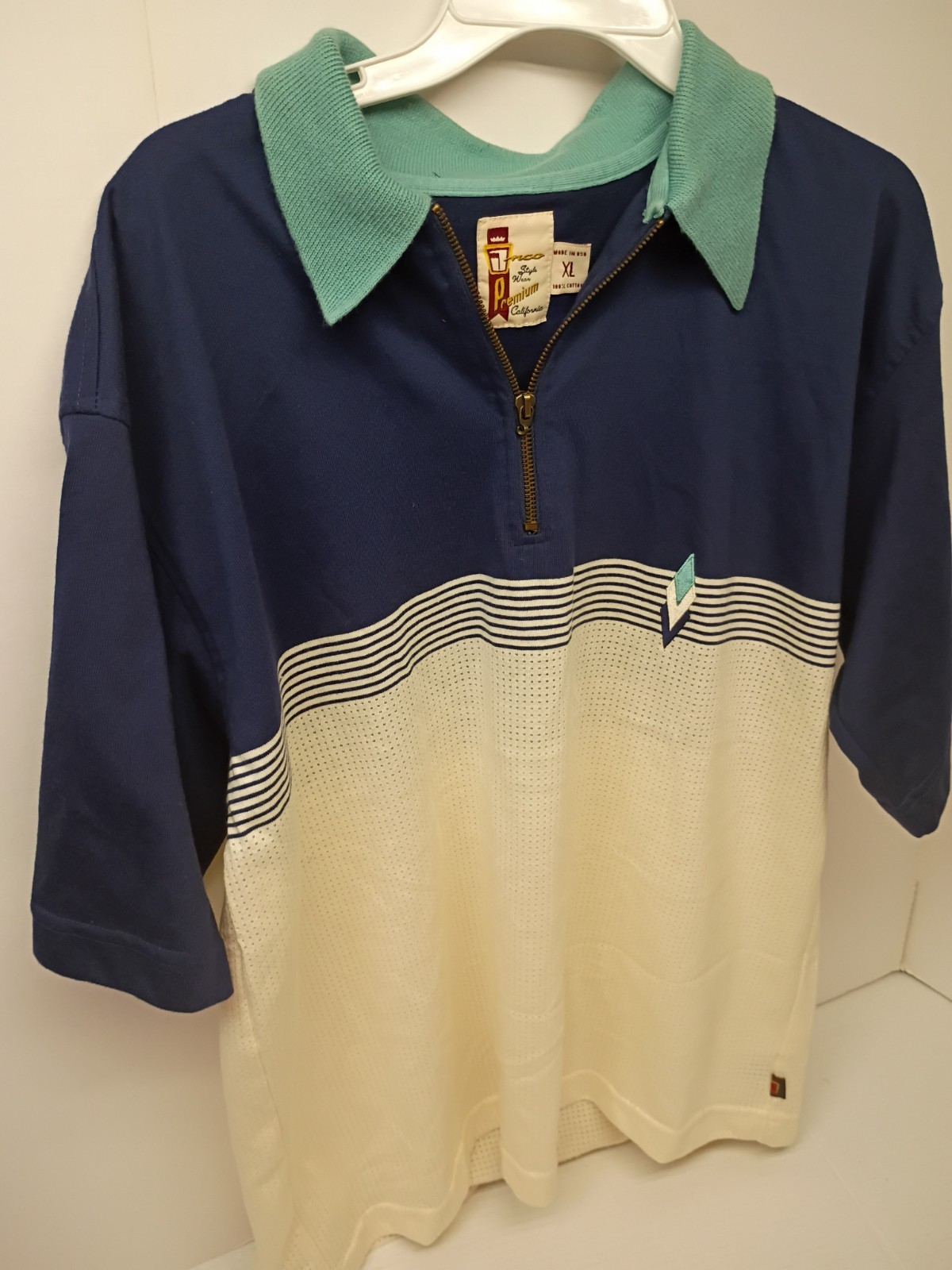 JNCO VTG Men’s XL Cotton Short Sleeve Half Zip Striped Polo Blue Green White