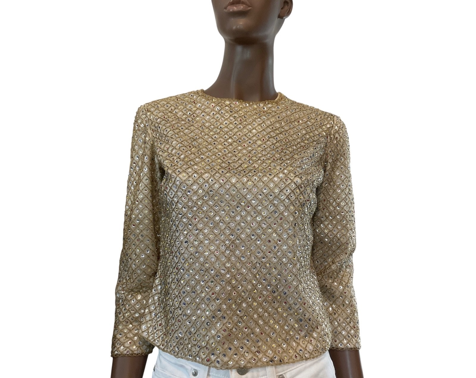 Vintage 1960s Hand Beaded Sequin Womens Top Blouse S Gold 3/4 Sleeve Mod