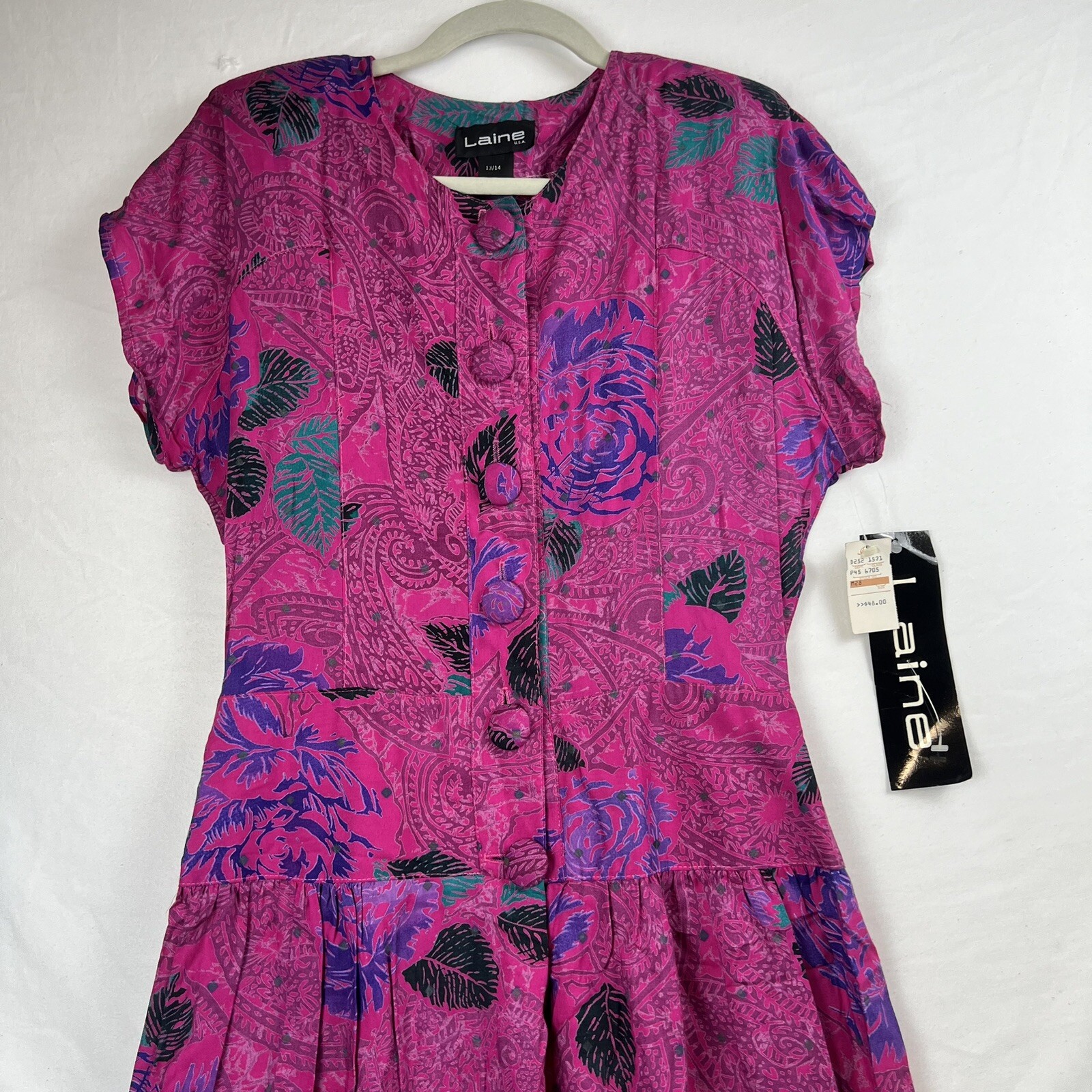 VTG Laine USA Dress Women Size 13/14 Floral Rayon Short Sleeve Max