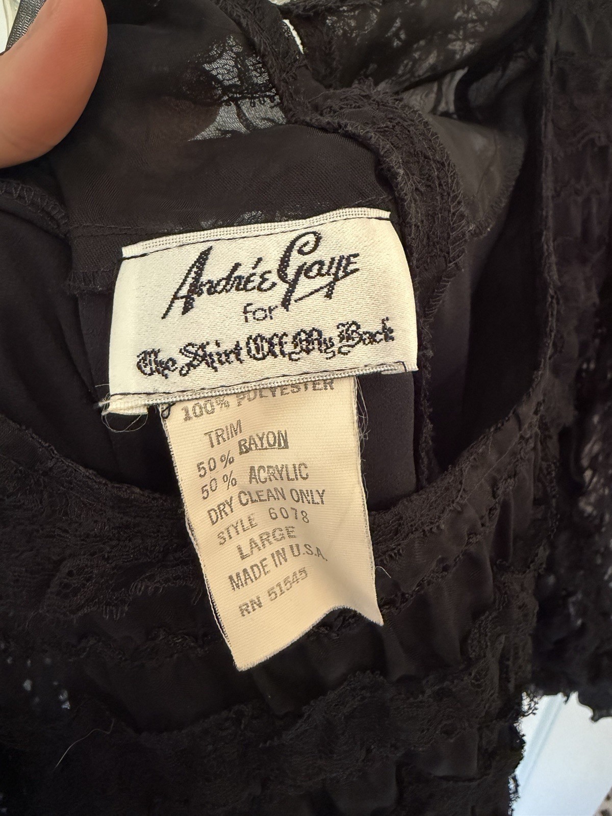 Vintage 1970s Black Ruffle Sheer Lace Blouse Goth Grunge Andree Gaye Made In USA