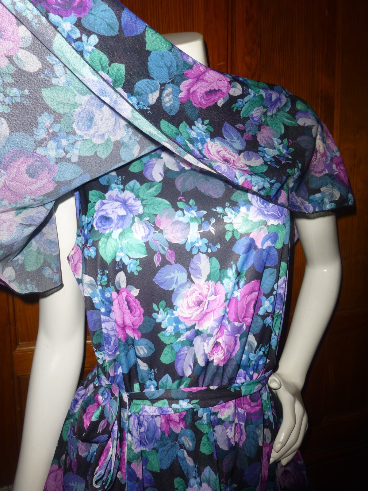 Vtg 80s Silky jersey English rose Print Cape boho Garden belted midi Dress L