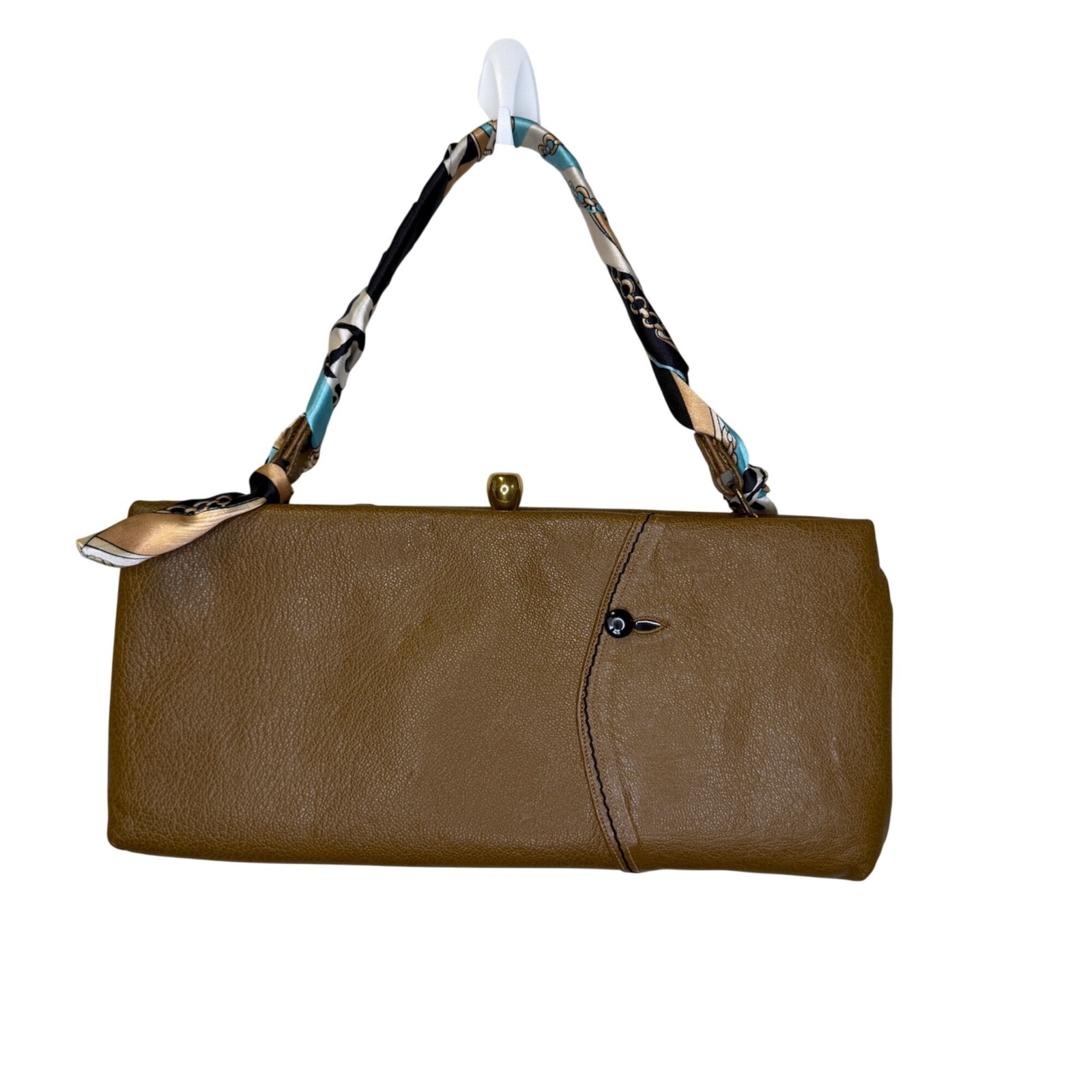 VTG Stylecraft Miami Brown Leather Kiss Lock Clutch Purse Handbag Gold Frame USA