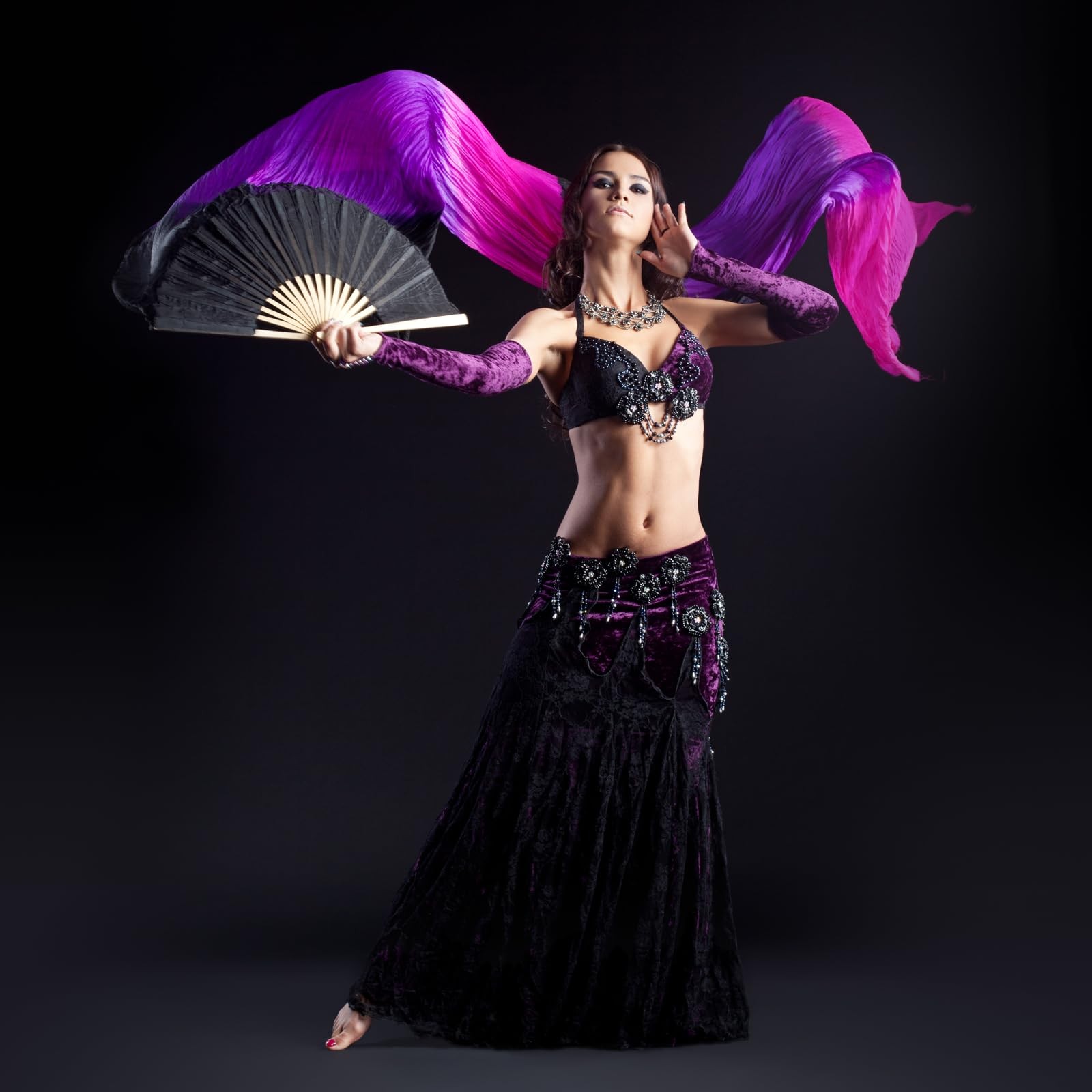 16 Fan Belly Dance Silk Fan Veil 71″, 1 Pair (Left+Right) Long Folding Dance …