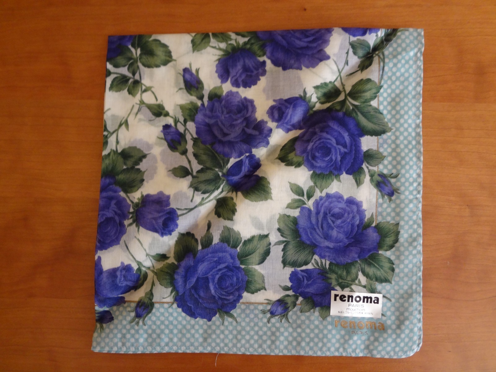 VTG New Renoma Paris Thin Cotton Purple Rose Print Handkerchief Pocket Square