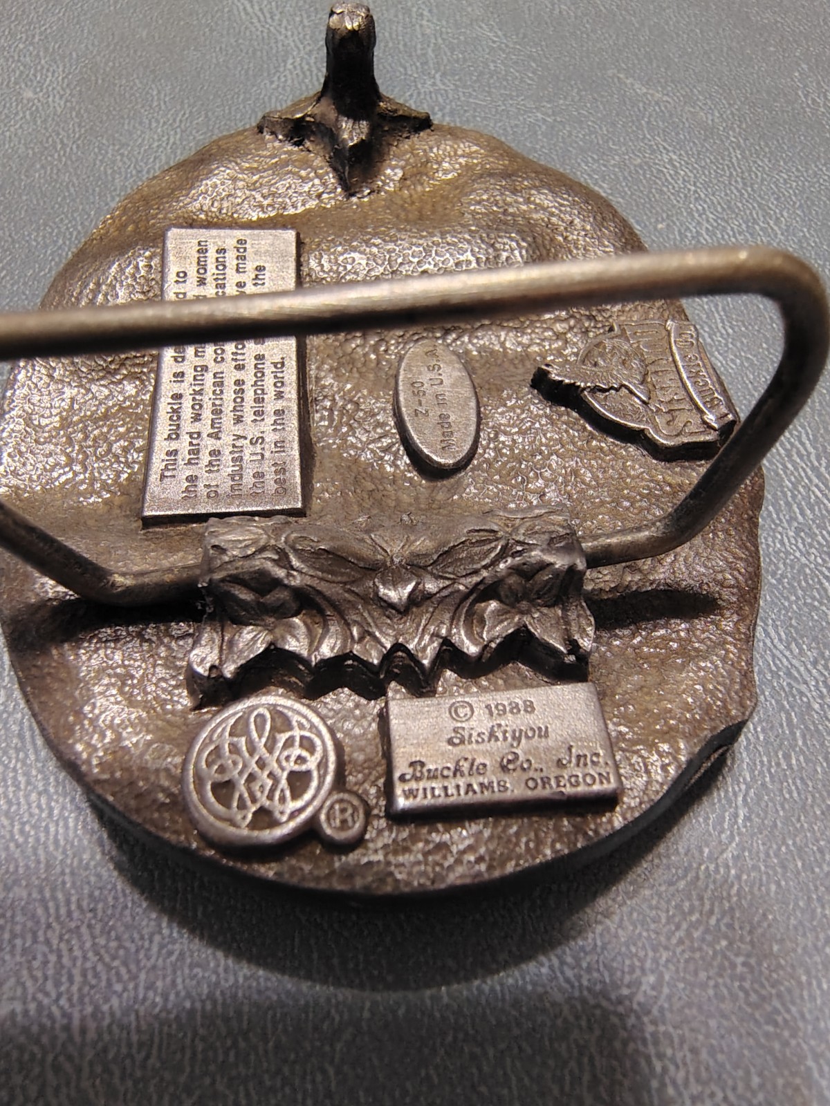 Vintage 1988 Pewter Siskiyou Communications Telephone Belt Buckle