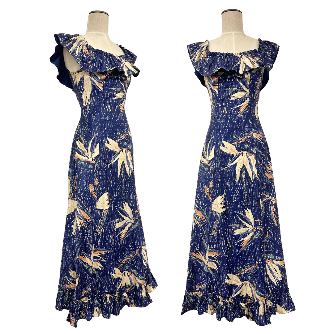 Vintage 1940s Hawaiian Holomuu Navy Birds of Paradise Dress